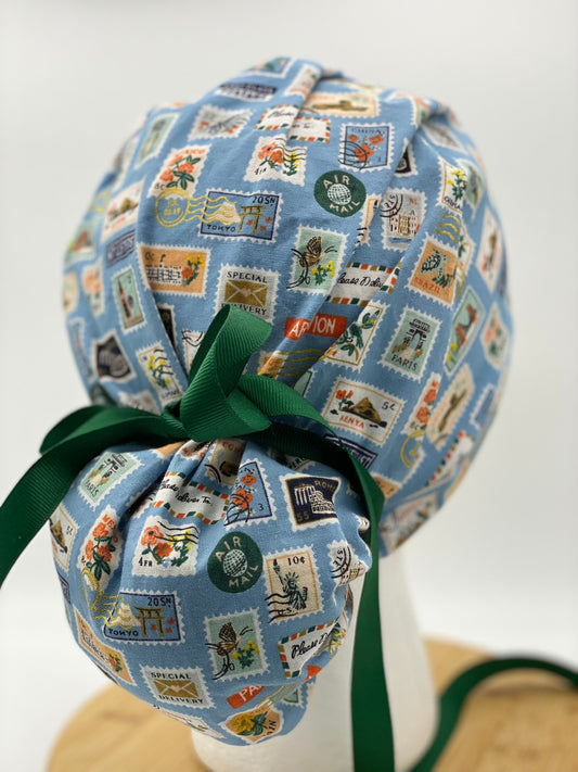 Bon Voyage stamp scrub cap, blue and green scrub hat stamps, Bonnet Head Designs
