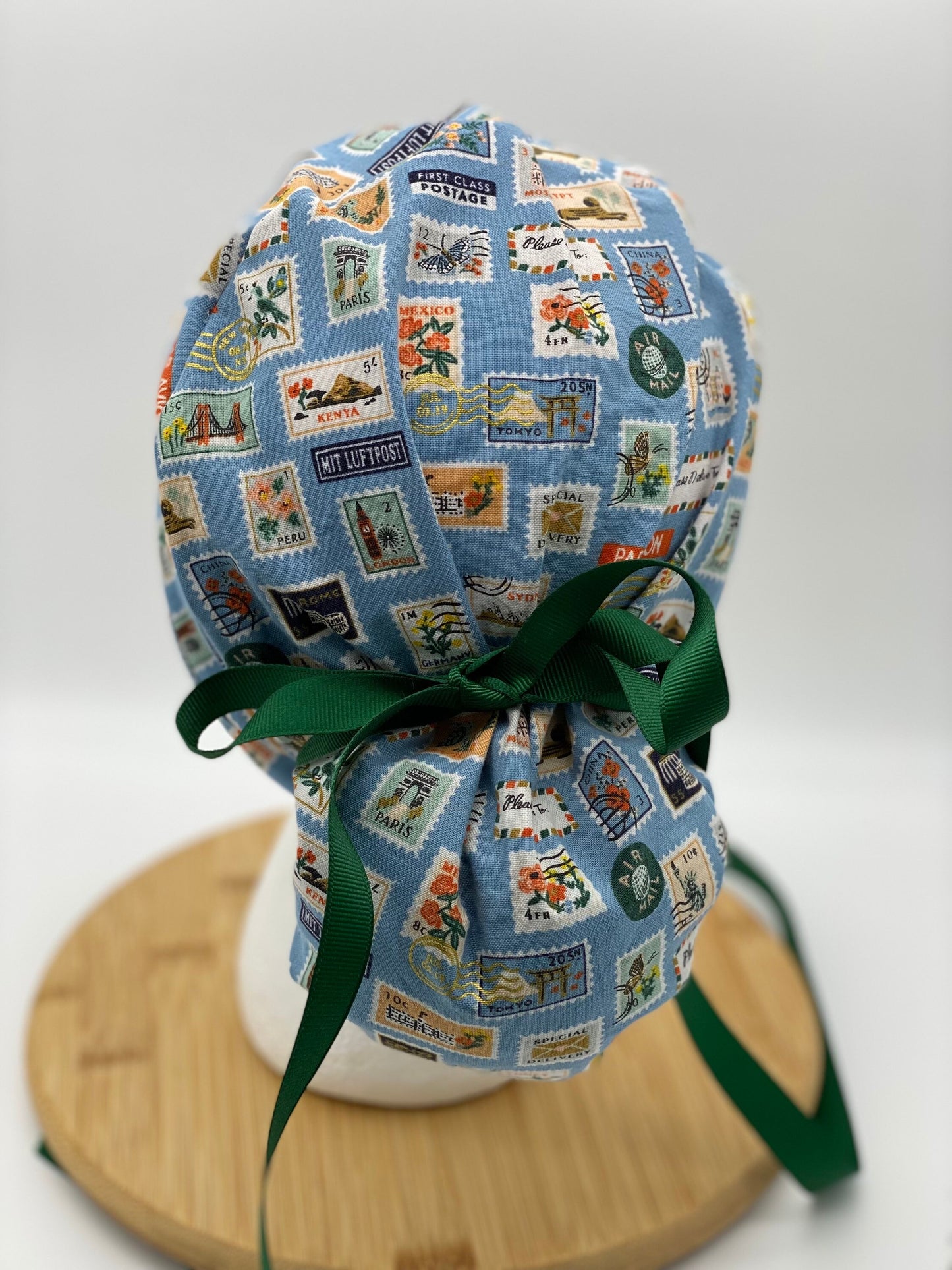 Bon Voyage stamp scrub cap, blue and green scrub hat stamps, Bonnet Head Designs