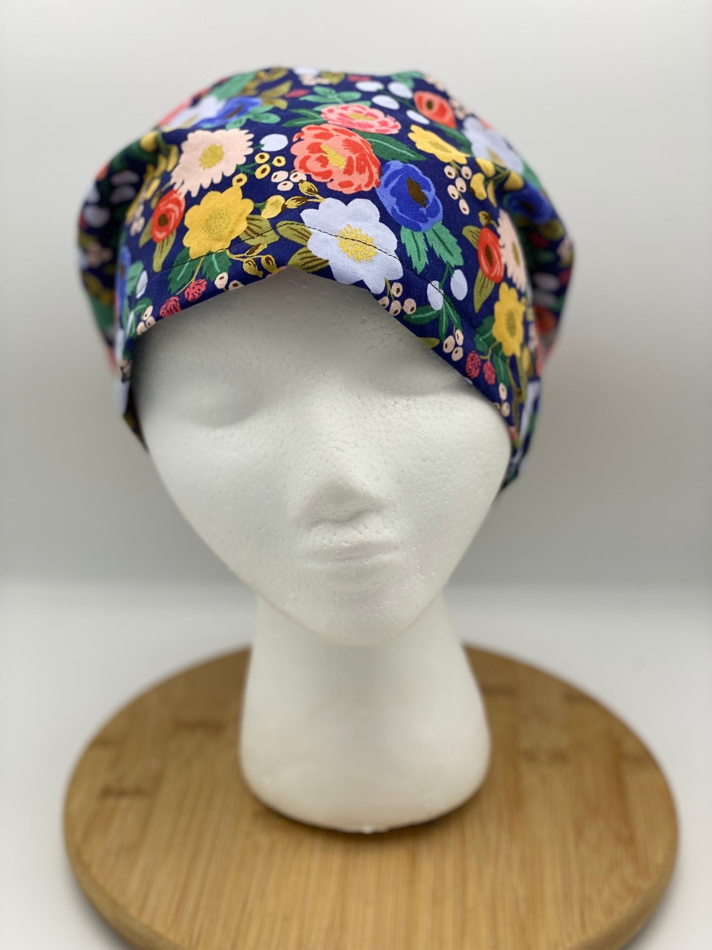 Rifle Paper Co fabric vintage garden floral euro scrub cap, navy floral women’s euro scrub cap, Bonnet Head Designs
