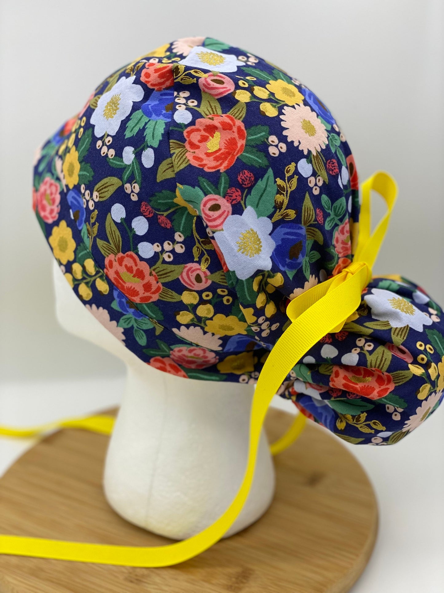 Rifle Paper Co fabric Navy blue vintage garden floral scrub cap, navy floral women’s scrub cap, Bonnet Head Designs