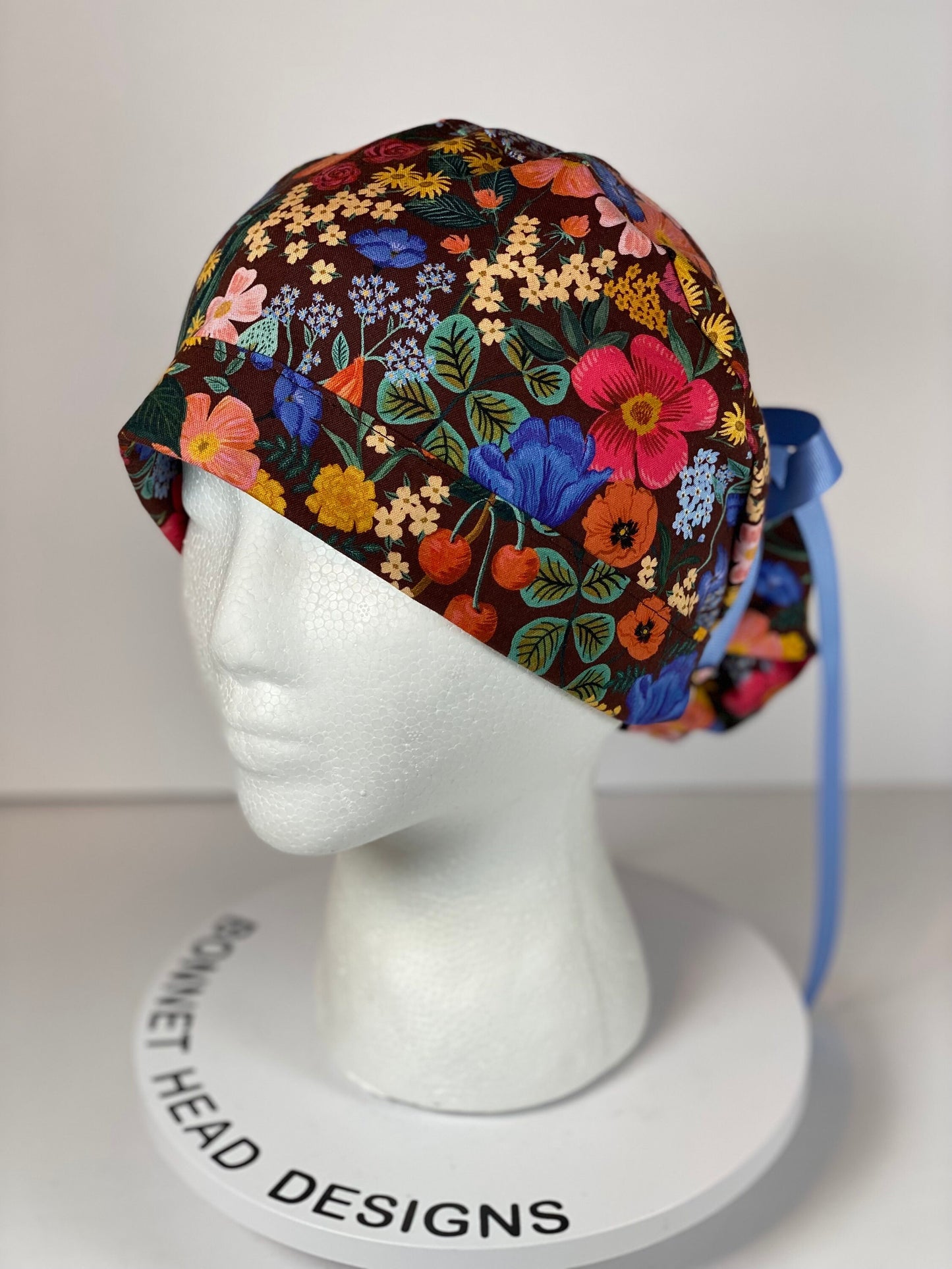 Rifle Paper Co Curio burgundy floral fabric scrub cap, women’s sunflower scrub hat floral, Bonnet Head Designs