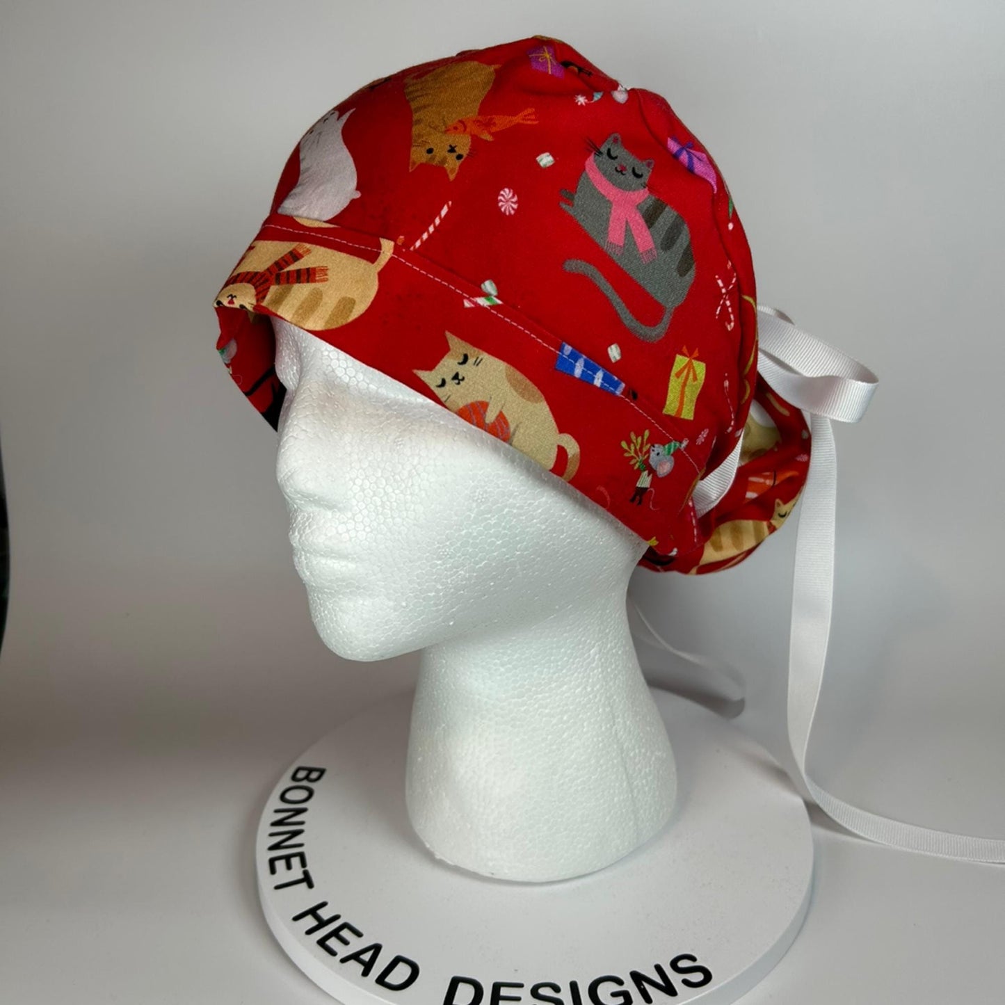Christmas holiday cats ponytail scrub cap, women’s cat print scrub hat, Bonnet Head Designs