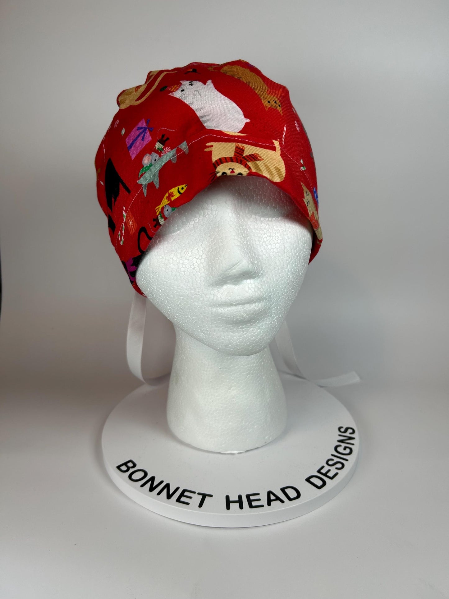 Christmas holiday cats ponytail scrub cap, women’s cat print scrub hat, Bonnet Head Designs