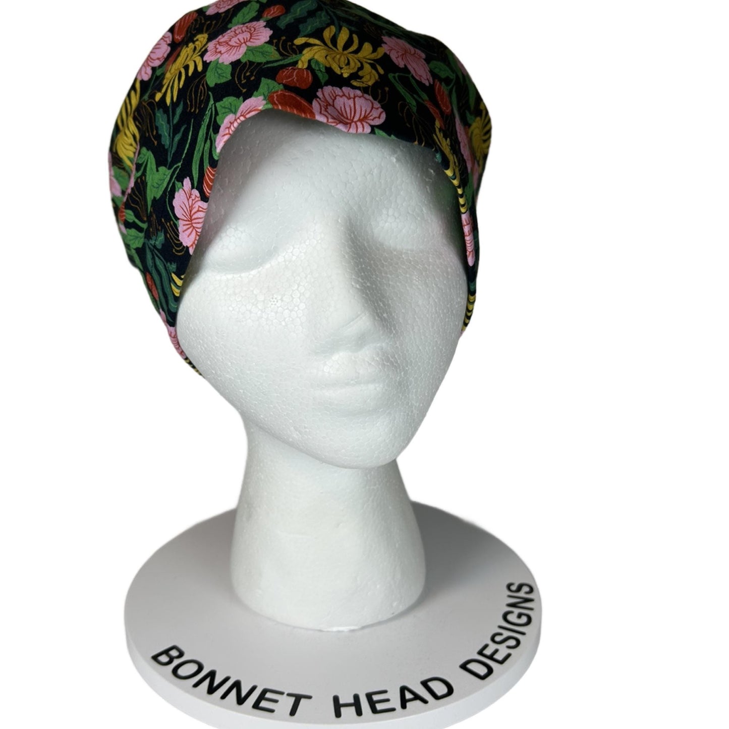 Black, pink, and yellow floral print women’s euro scrub cap, black floral scrub hat with elastic and toggle, Bonnet Head Designs