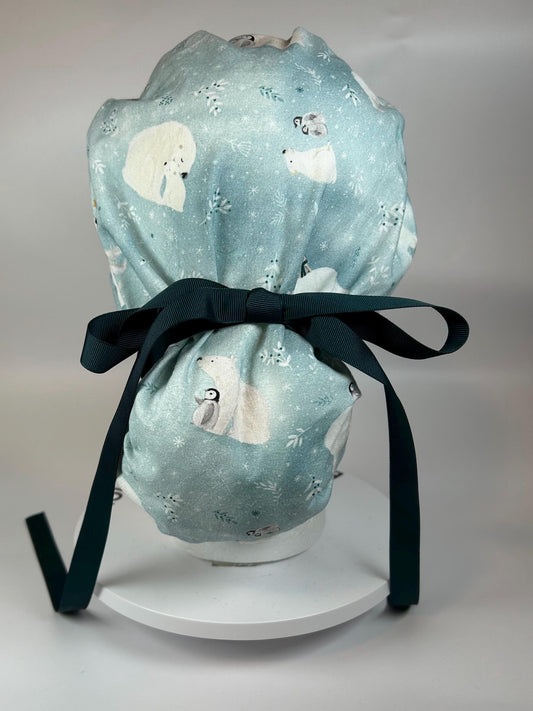 Women’s winter teal scrub cap with penguins and polar bears, ponytail scrub hat polar bears, Bonnet Head Designs