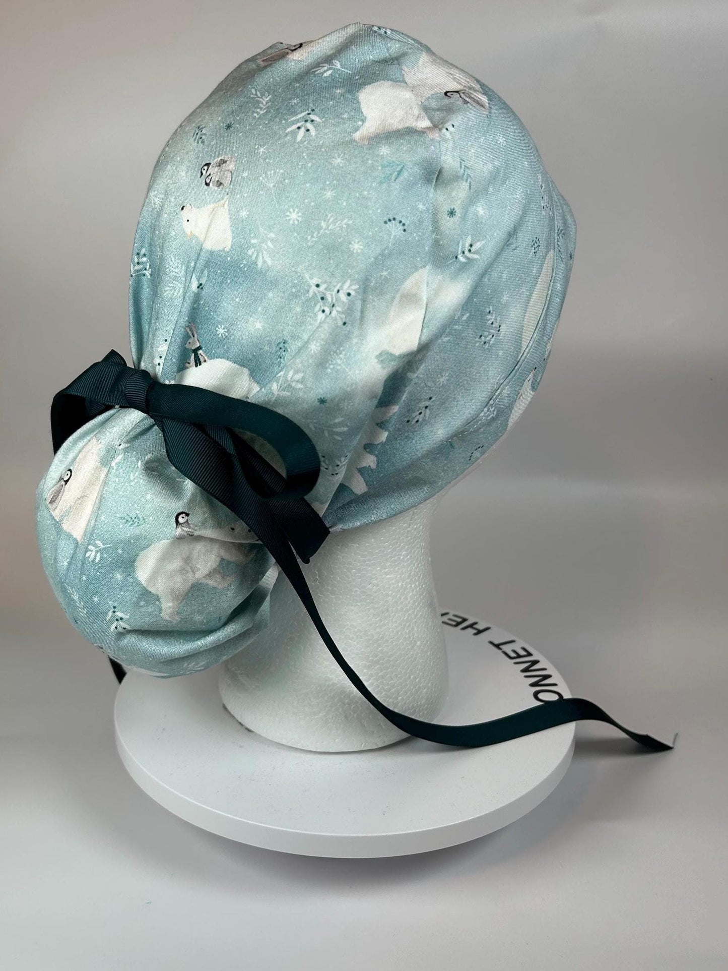 Women’s winter teal scrub cap with penguins and polar bears, ponytail scrub hat polar bears, Bonnet Head Designs