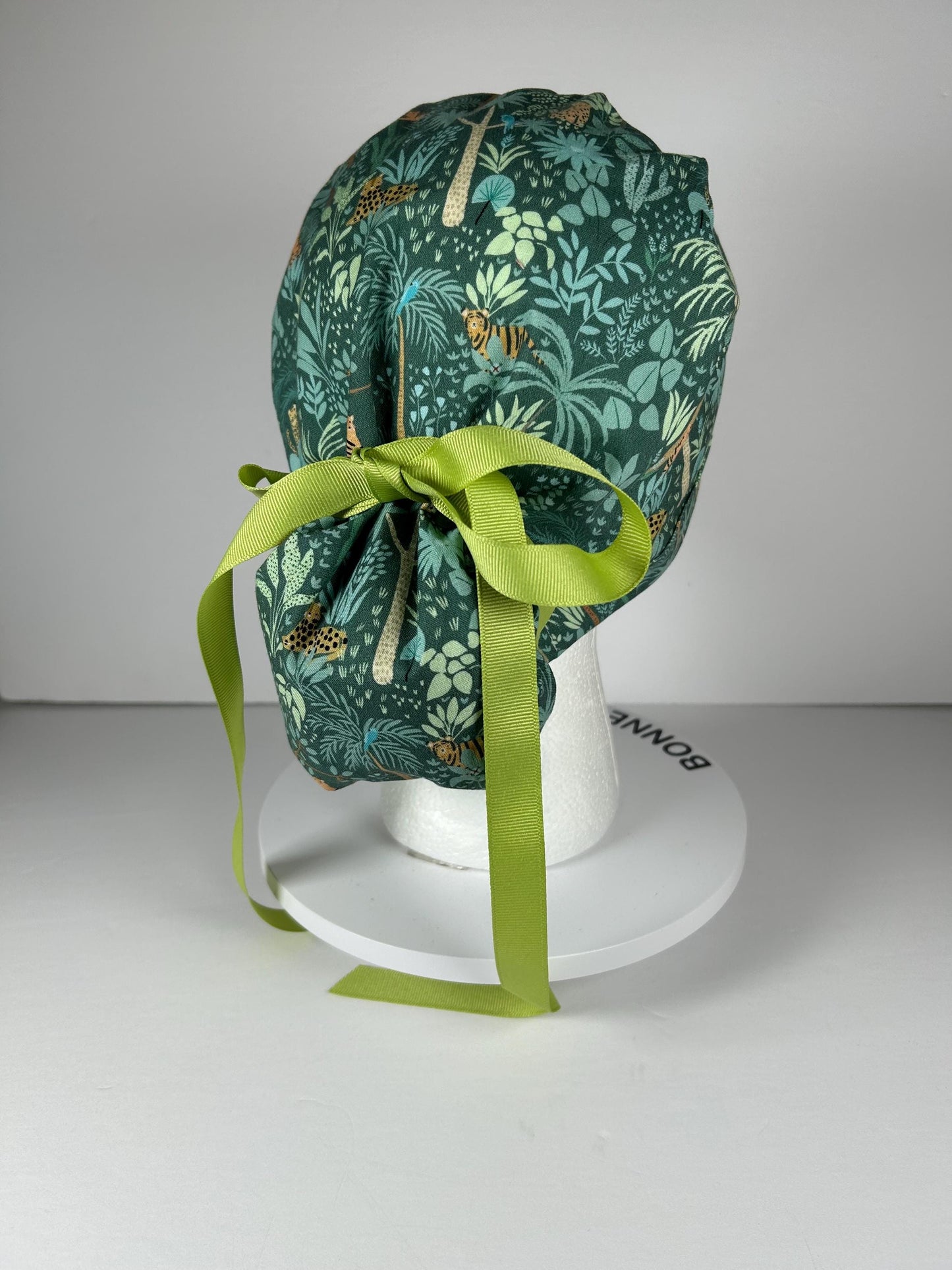 Women’s green jungle hello cheetah ponytail scrub hat, tiger and leopards scrub cap, Bonnet Head Designs