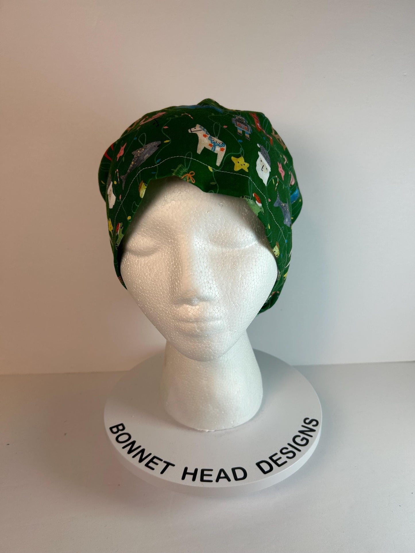 Christmas Ornament Scrub Cap: Green Cotton Euro Style, Handmade