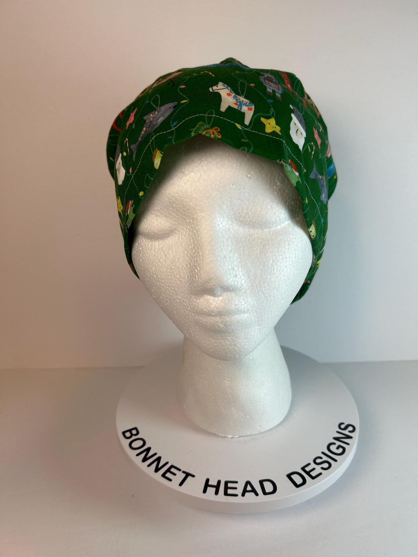 Green Christmas ornaments women’s scrub cap, women’s dinosaurs christmas ponytail scrub hat