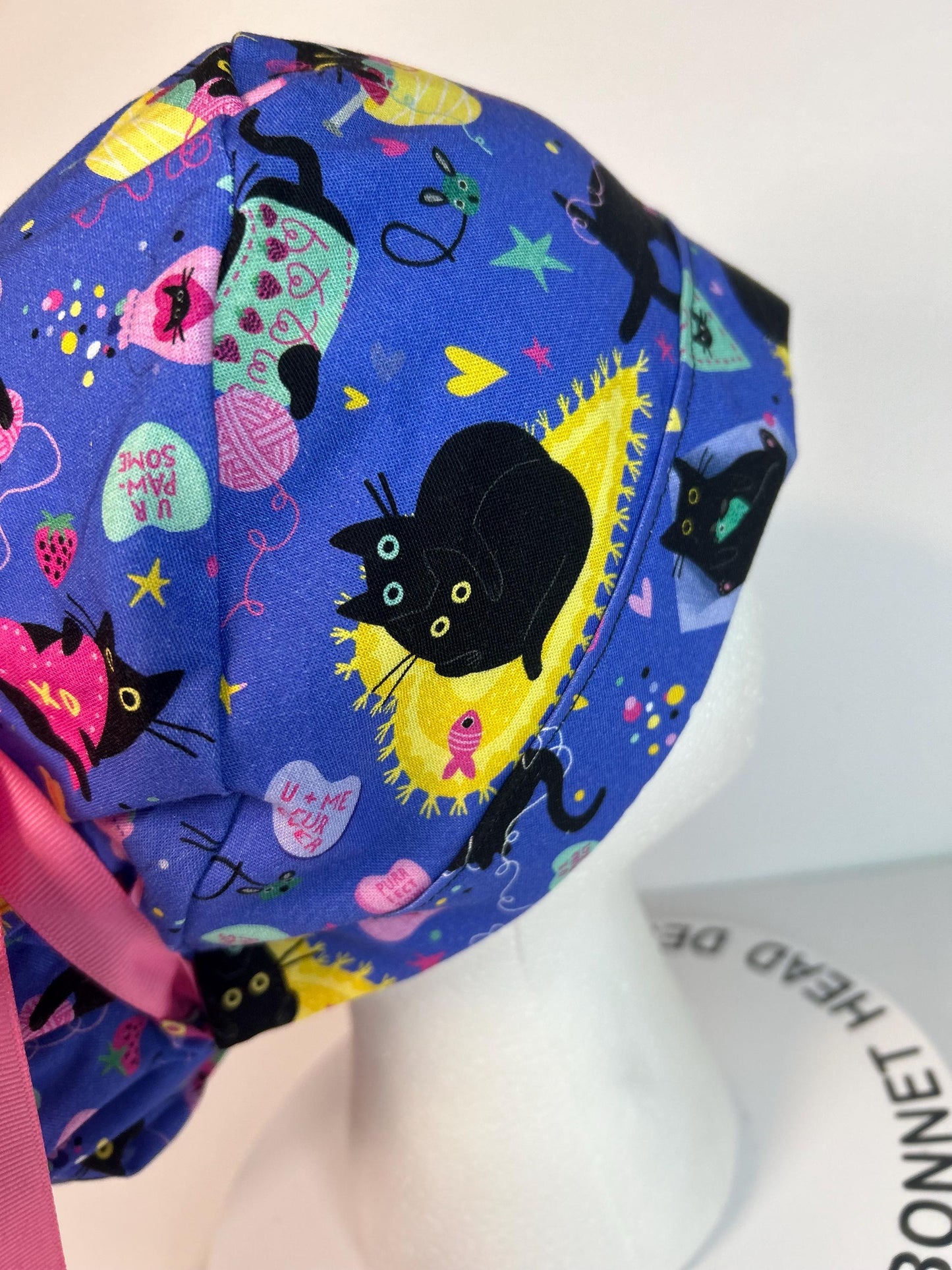 Purrfect love cat print women’s scrub cap, Valentine’s Day women’s scrub hat, Bonnet Head Designs