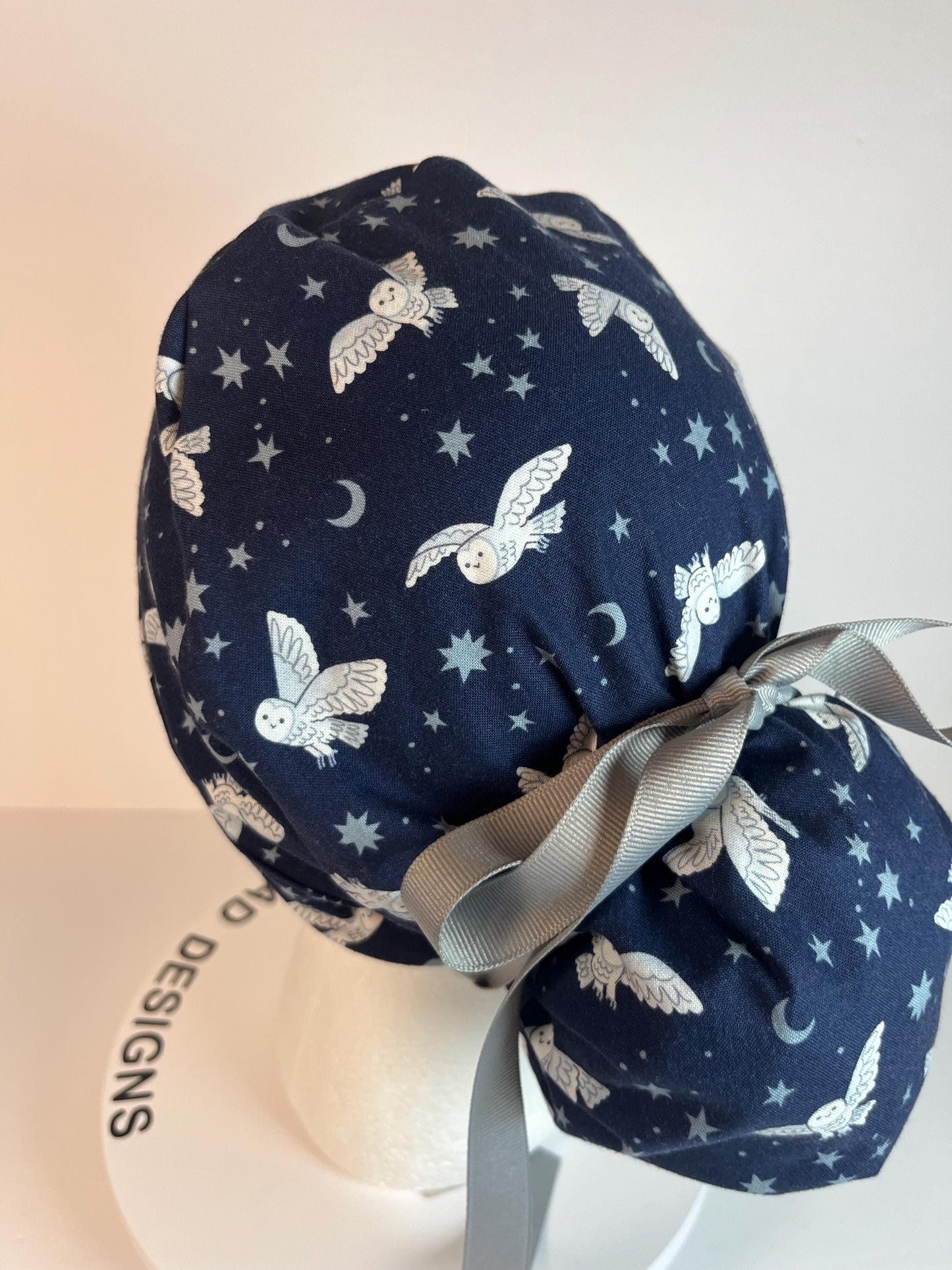 Navy owl scrub cap, owl print ponytail scrub hat, Bonnet Head Designs