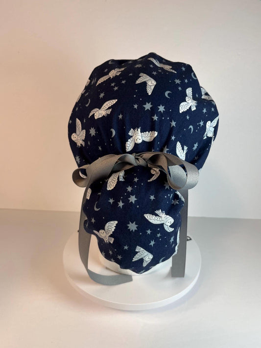 Navy owl scrub cap, owl print ponytail scrub hat, Bonnet Head Designs