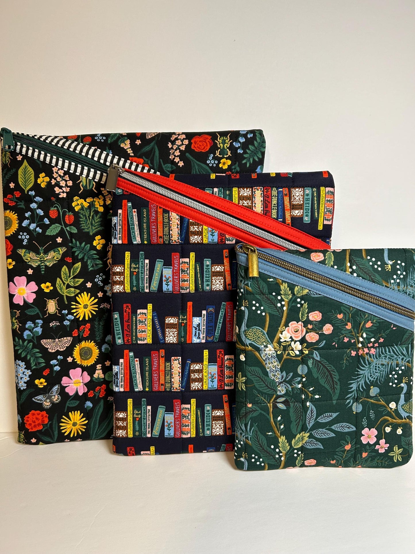 Rifle Paper Co navy book club fabric soft tablet case with zipper, quilted book, tablet, kindle, or iPad case in book fabric