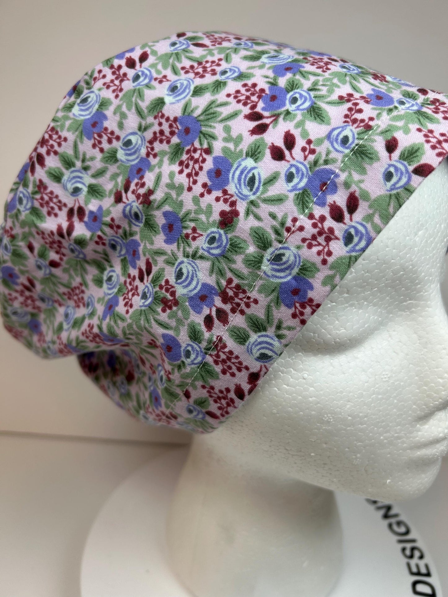 Rifle Paper Rosa in lilac floral euro scrub hat, purple floral women’s scrub hat, Bonnet Head Designs