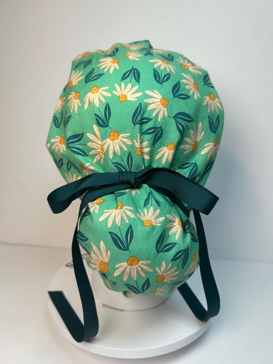 Teal daisy floral print ponytail scrub cap