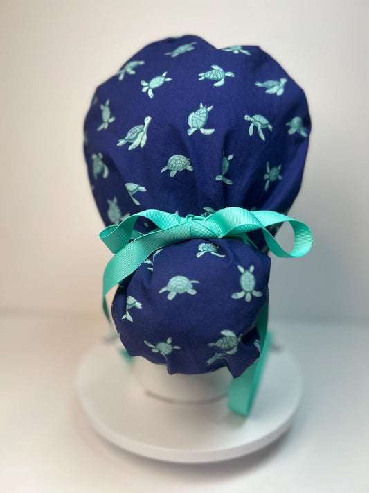Sea turtle scrub hat, navy and green turtle women’s ponytail scrub cap, Bonnet Head Designs