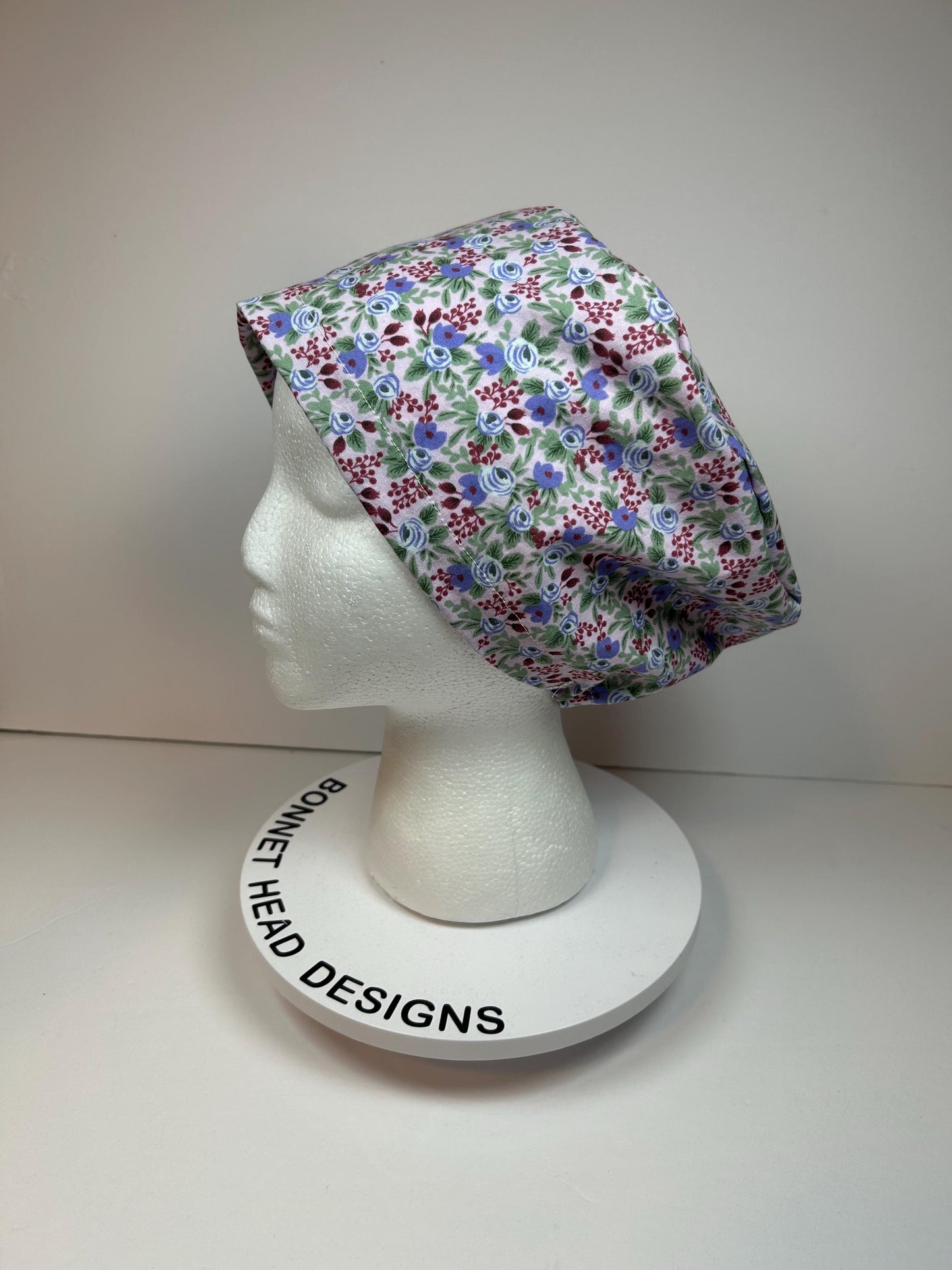 Rifle Paper Rosa in lilac floral ponytail scrub hat, purple floral women’s scrub hat, Bonnet Head Designs