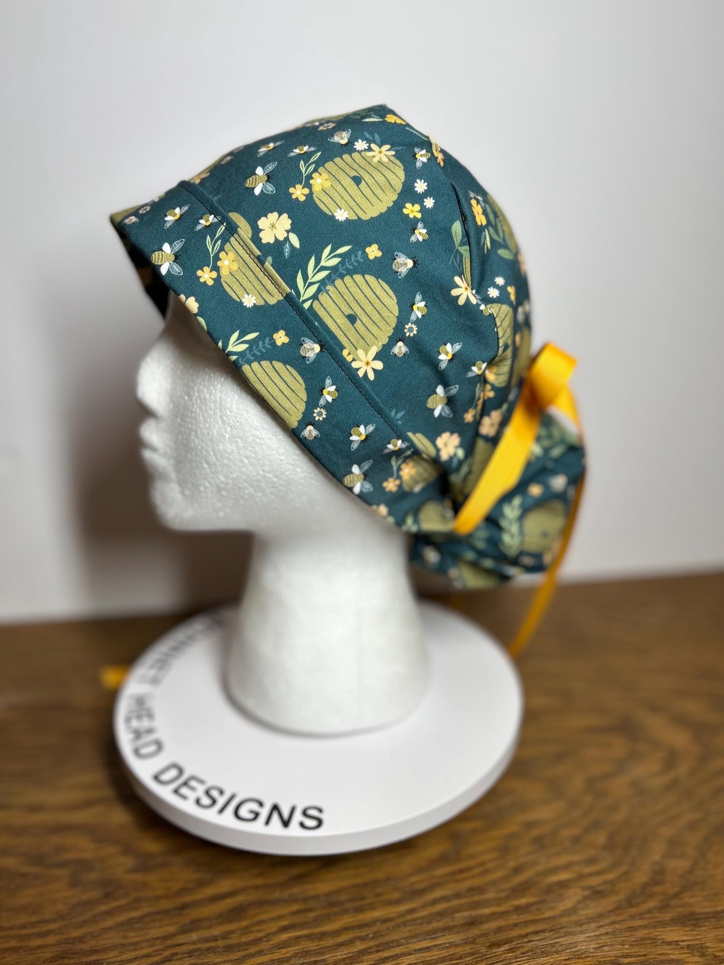 Women’s Bee print ponytail scrub cap | premium spring beehive scrub hat
