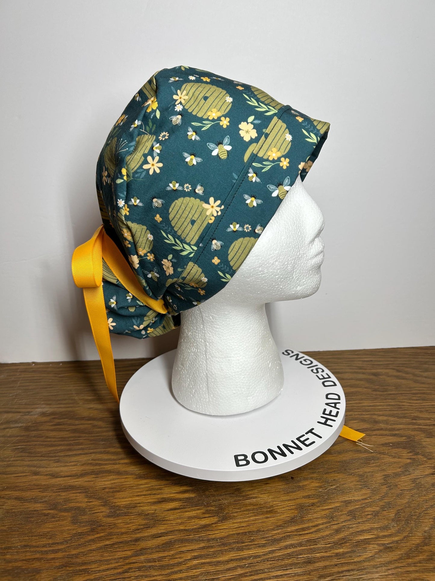 Women’s Bee print ponytail scrub cap | premium spring beehive scrub hat