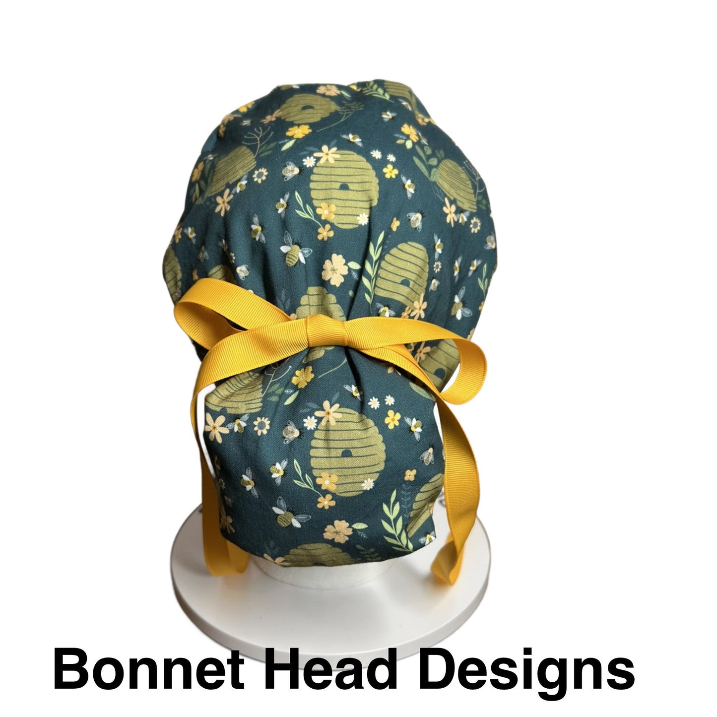 Women’s Bee print ponytail scrub cap | premium spring beehive scrub hat