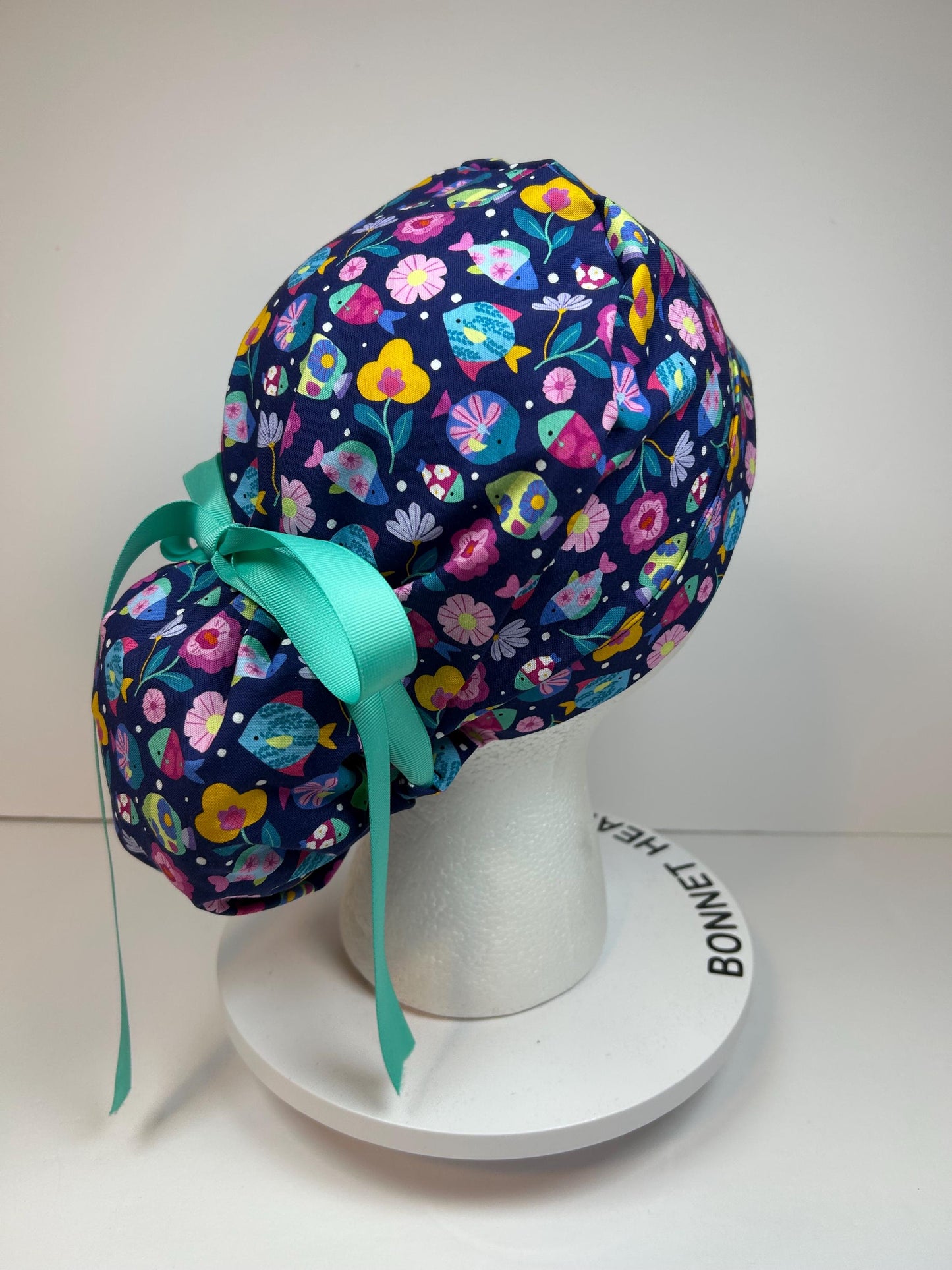 Colorful summer fish ponytail scrub hat, So-fish-ticated scrub cap, adjustable pocket ponytail surgical hat