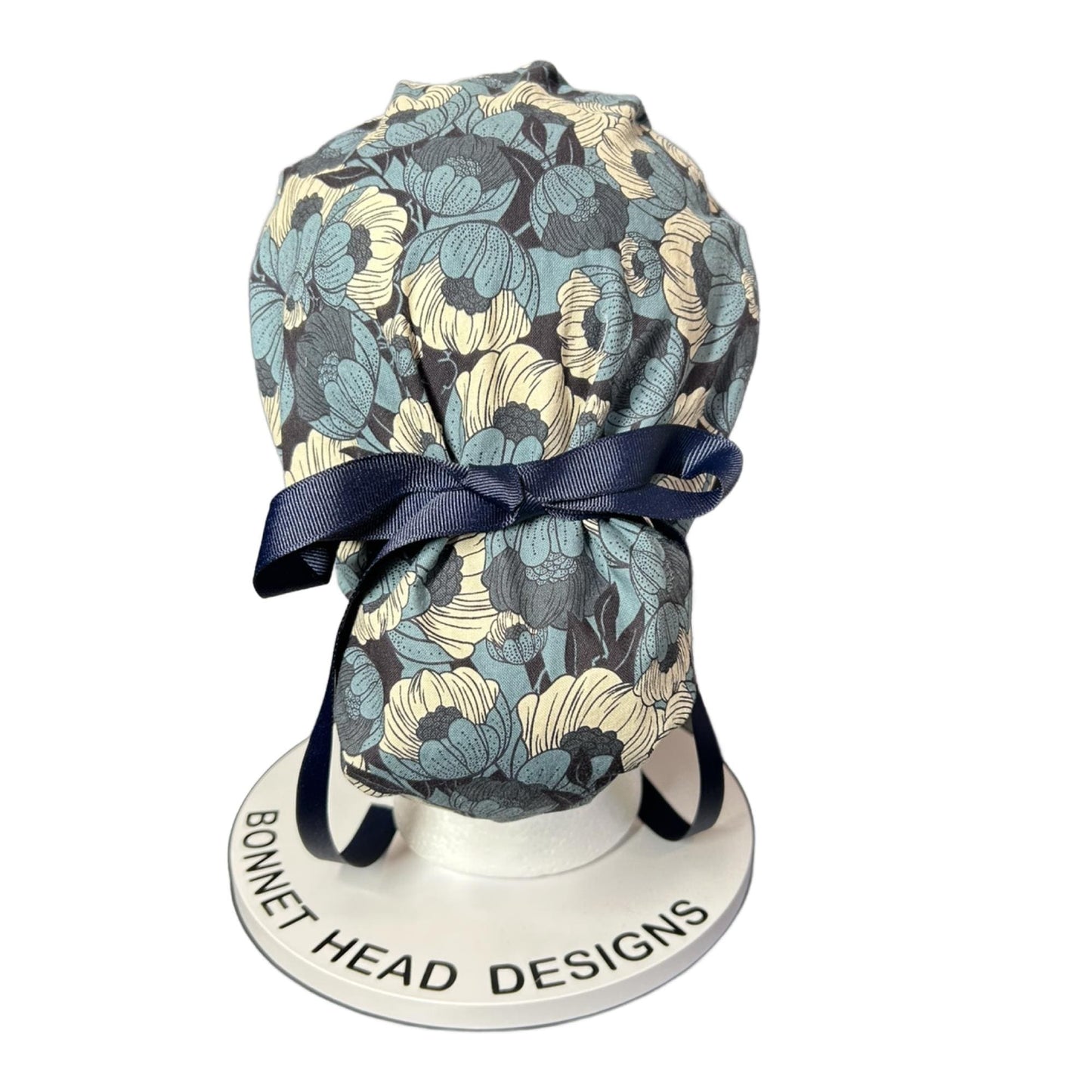 Wild Flora blue ponytail scrub hat, blue floral surgical hat with adjustable pouch, Bonnet Head Designs