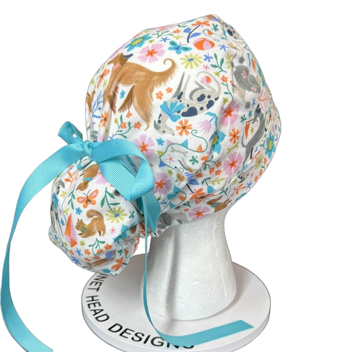 Ruff days spring dog print ponytail scrub cap, floral dog print premium ponytail scrub hat
