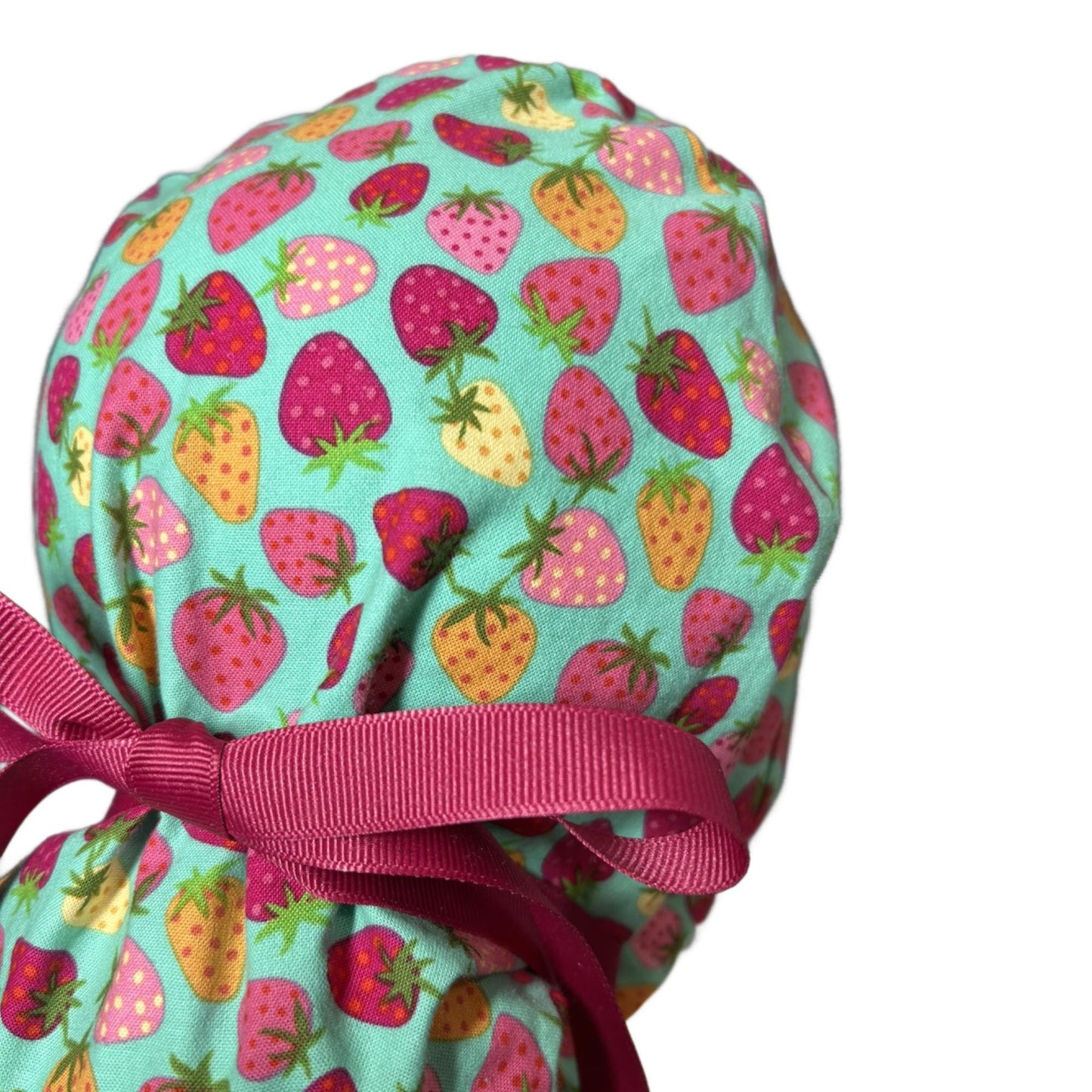 summer strawberry print ponytail scrub cap, women’s mint and pink strawberry print scrub hat