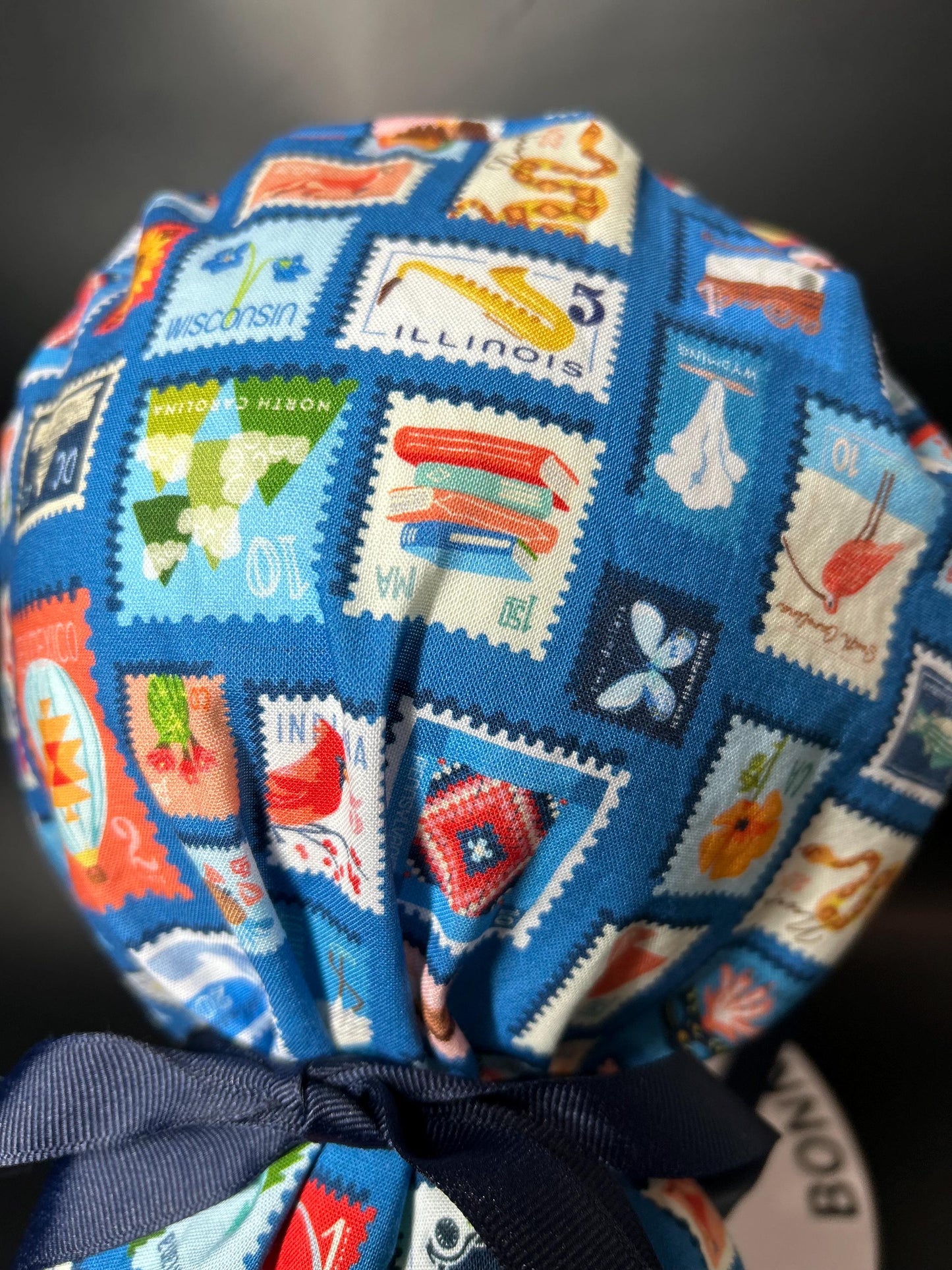 Cross Country ponytail scrub cap, state stamps print women’s scrub cap with satin lining option