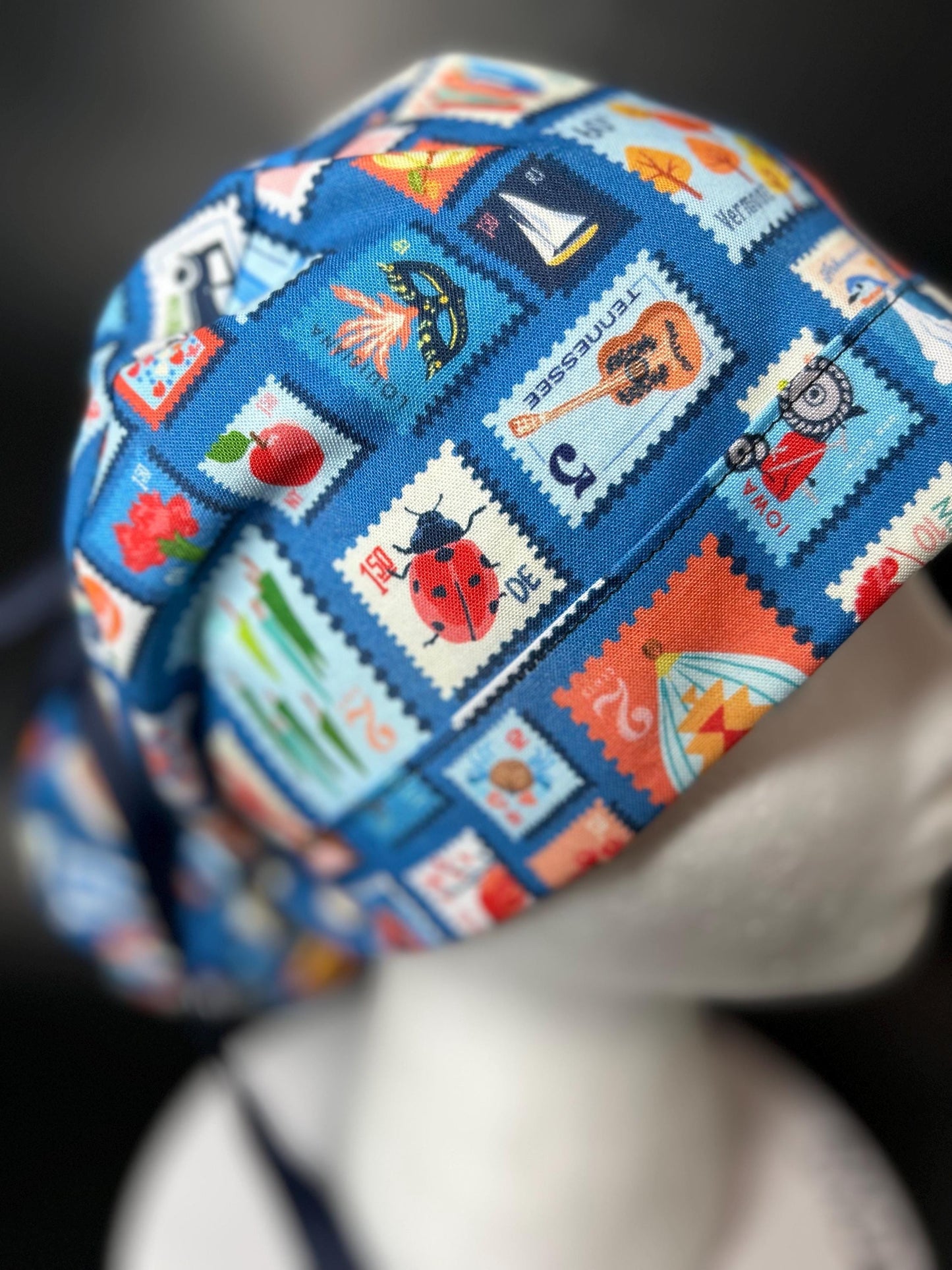 Cross Country ponytail scrub cap, state stamps print women’s scrub cap with satin lining option