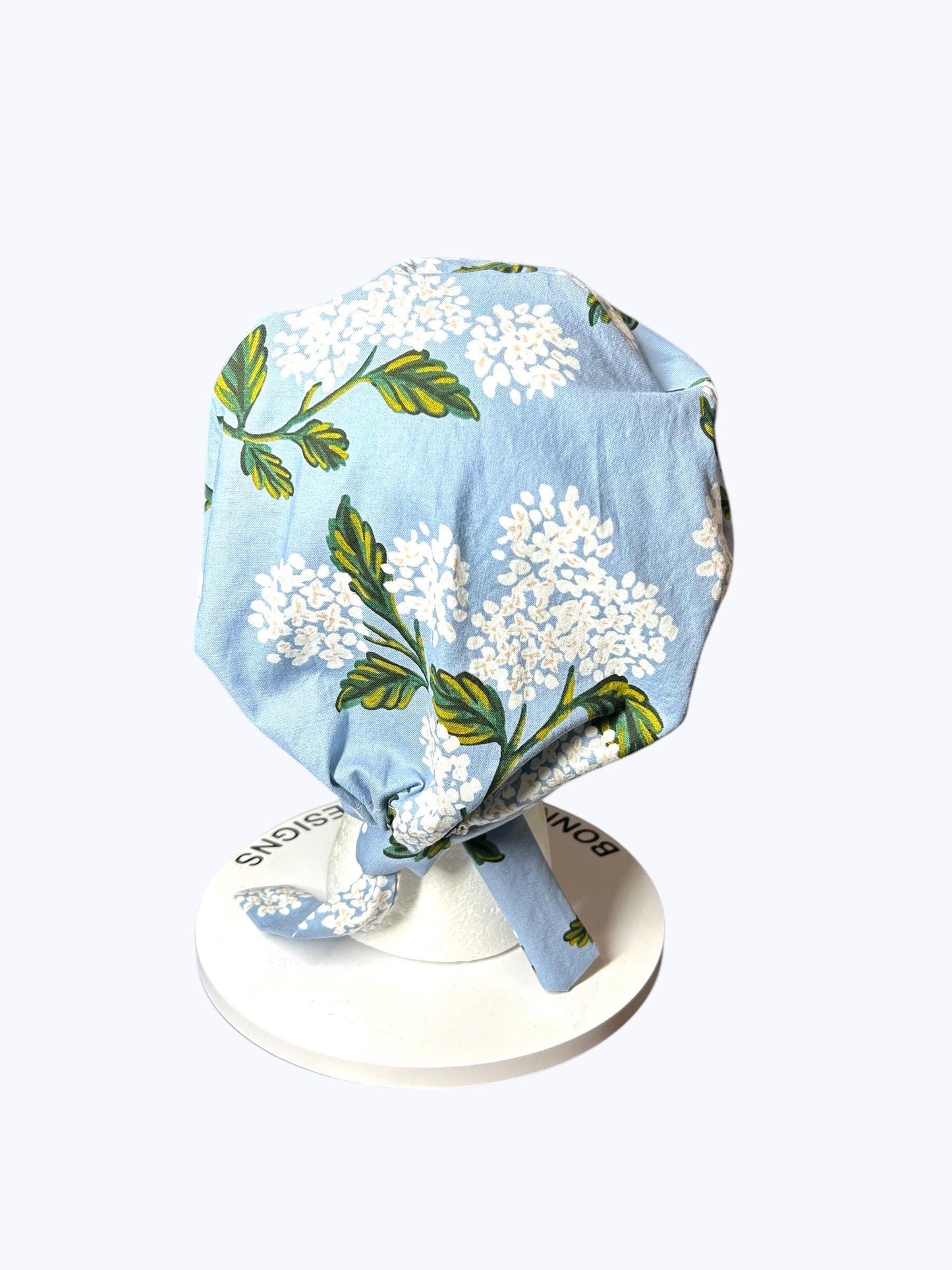 Rifle Paper co blue hydrangea fabric tie back scrub cap, women’s spring hydrangeas floral scrub cap pixie style , Bonnet Head Designs