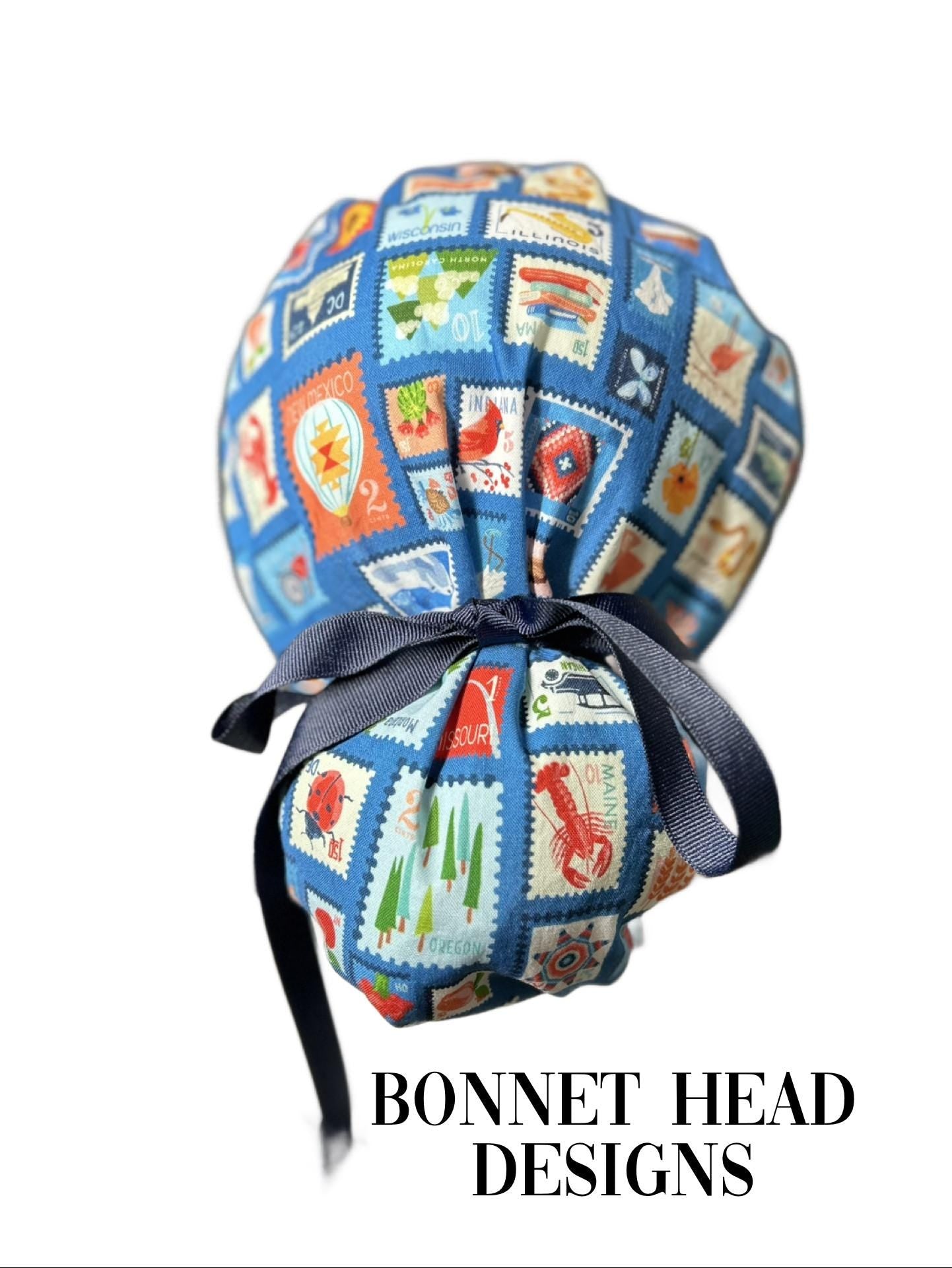 Cross Country ponytail scrub cap, state stamps print women’s scrub cap with satin lining option