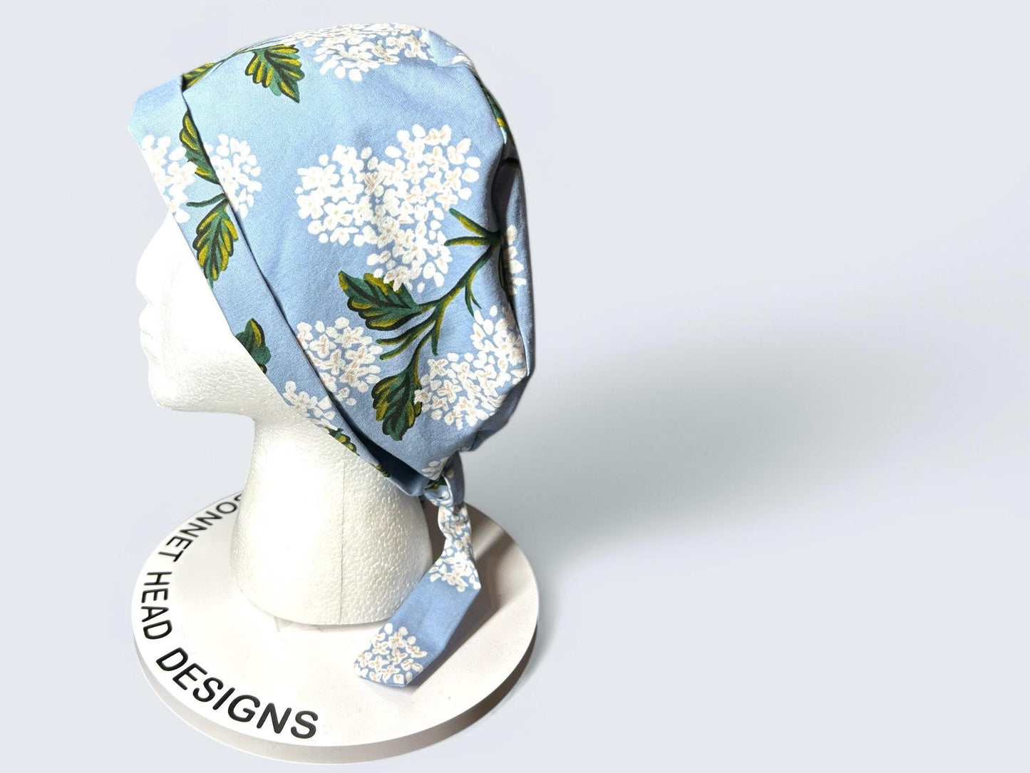 Rifle Paper co blue hydrangea fabric tie back scrub cap, women’s spring hydrangeas floral scrub cap pixie style , Bonnet Head Designs