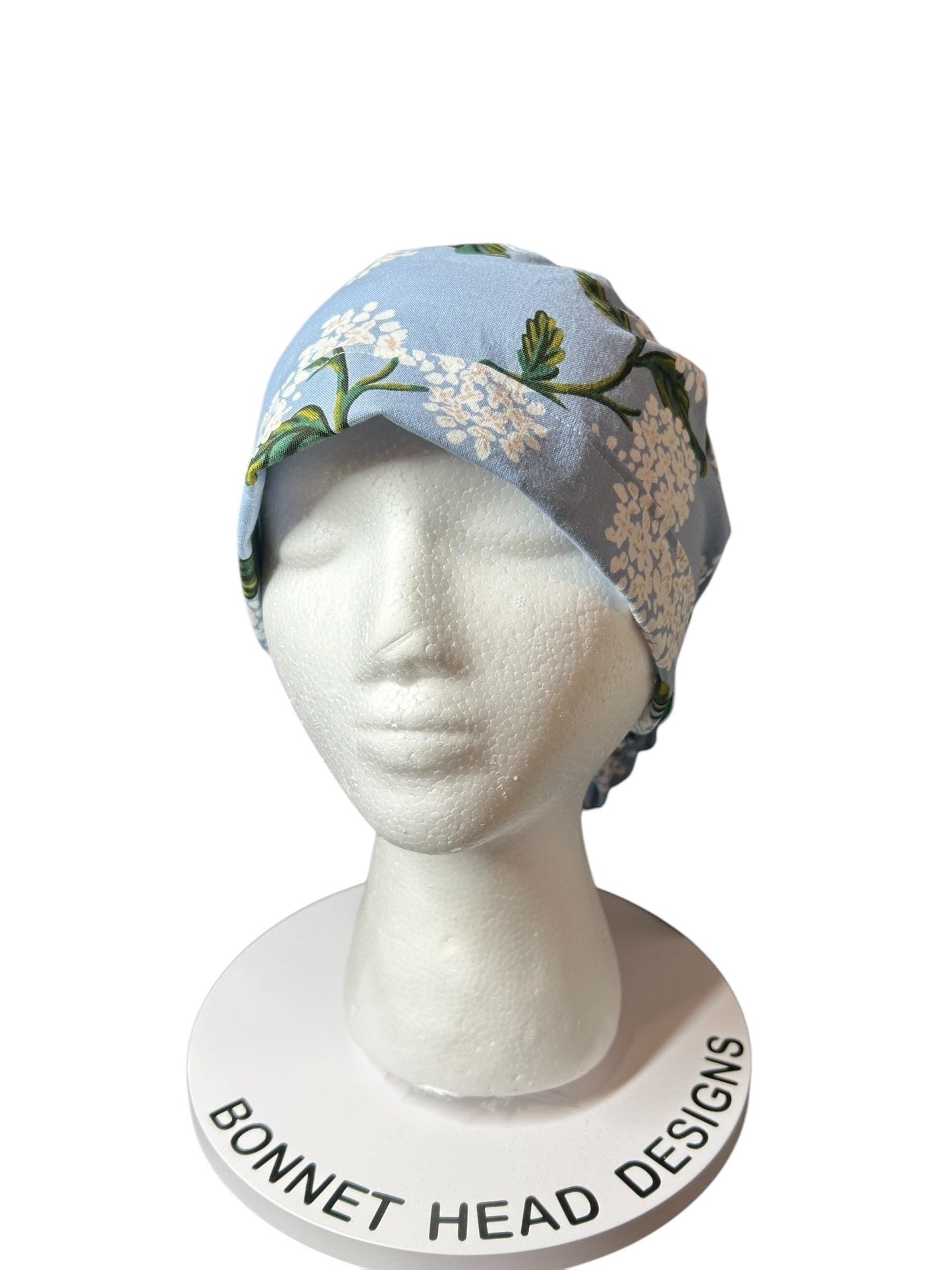 Rifle Paper co blue and white hydrangea ponytail scrub cap, women’s spring hydrangeas floral scrub cap
