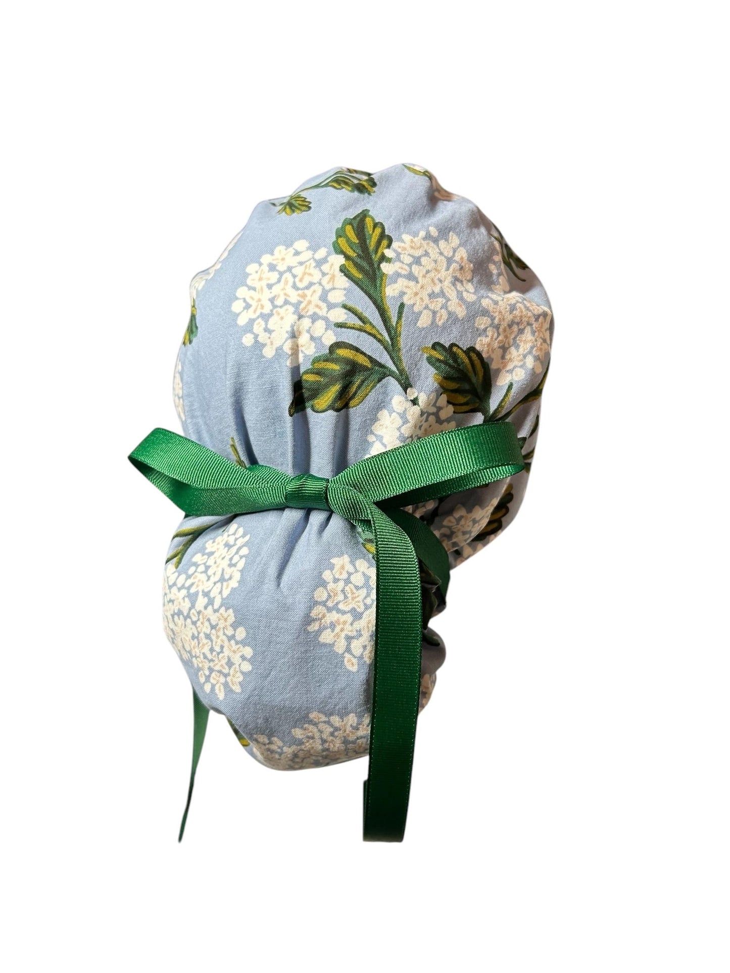 Rifle Paper co blue and white hydrangea ponytail scrub cap, women’s spring hydrangeas floral scrub cap