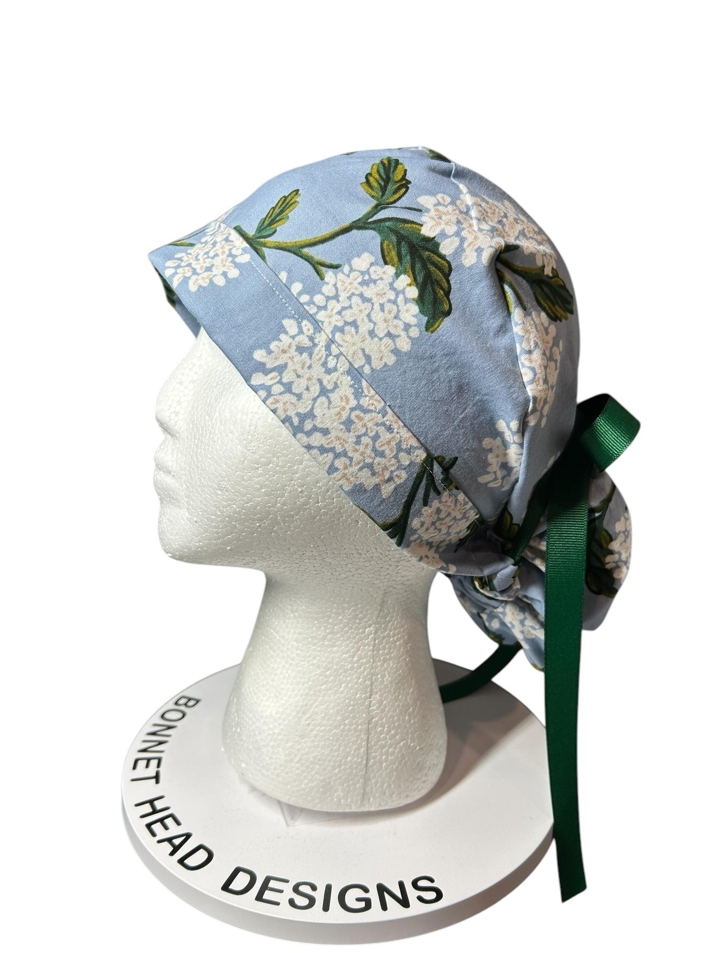 Rifle Paper co blue and white hydrangea ponytail scrub cap, women’s spring hydrangeas floral scrub cap