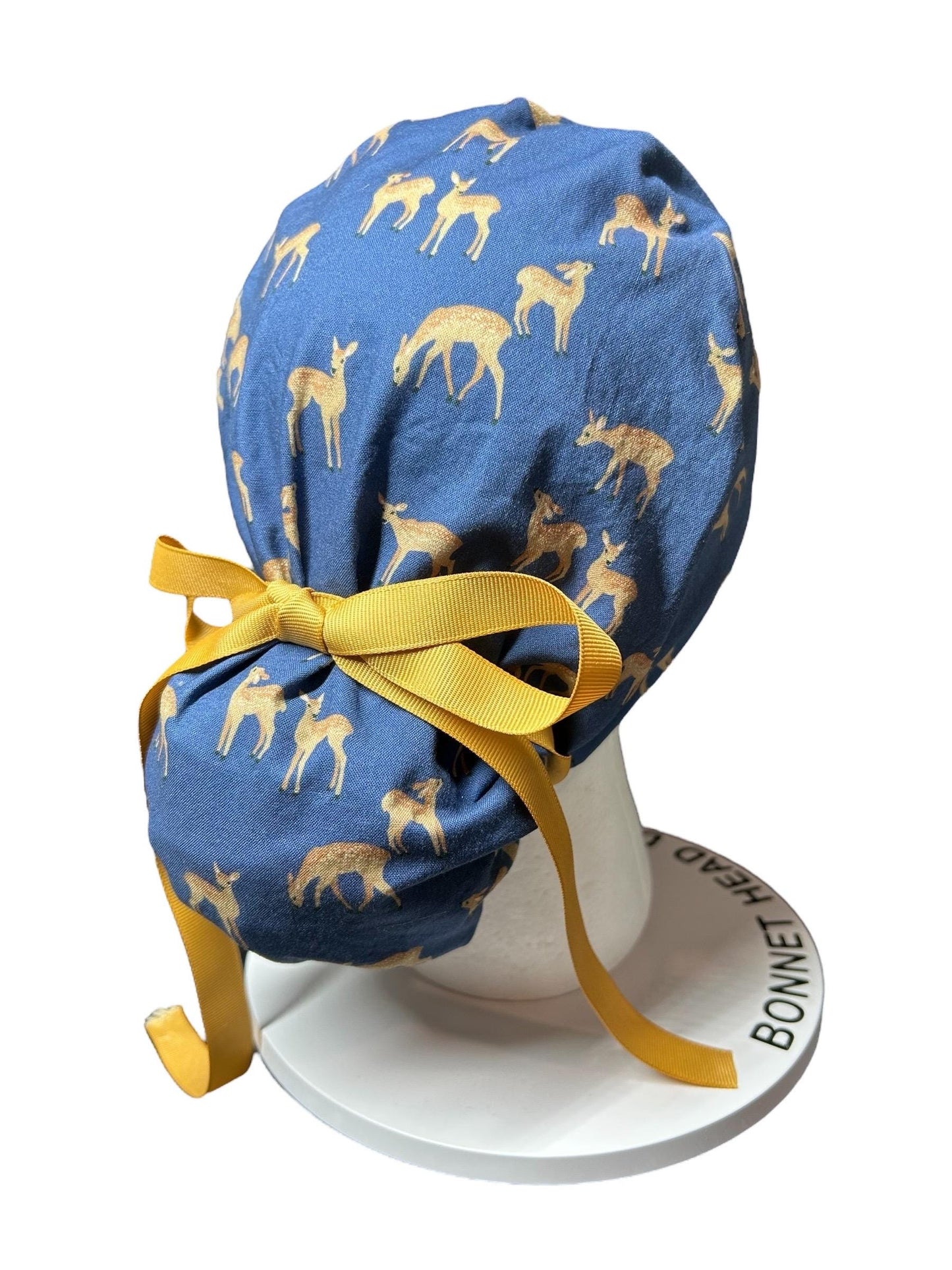 Forest Fable Fawn ponytail scrub cap, women’s navy deer print scrub hat with cinch ties and satin lining option