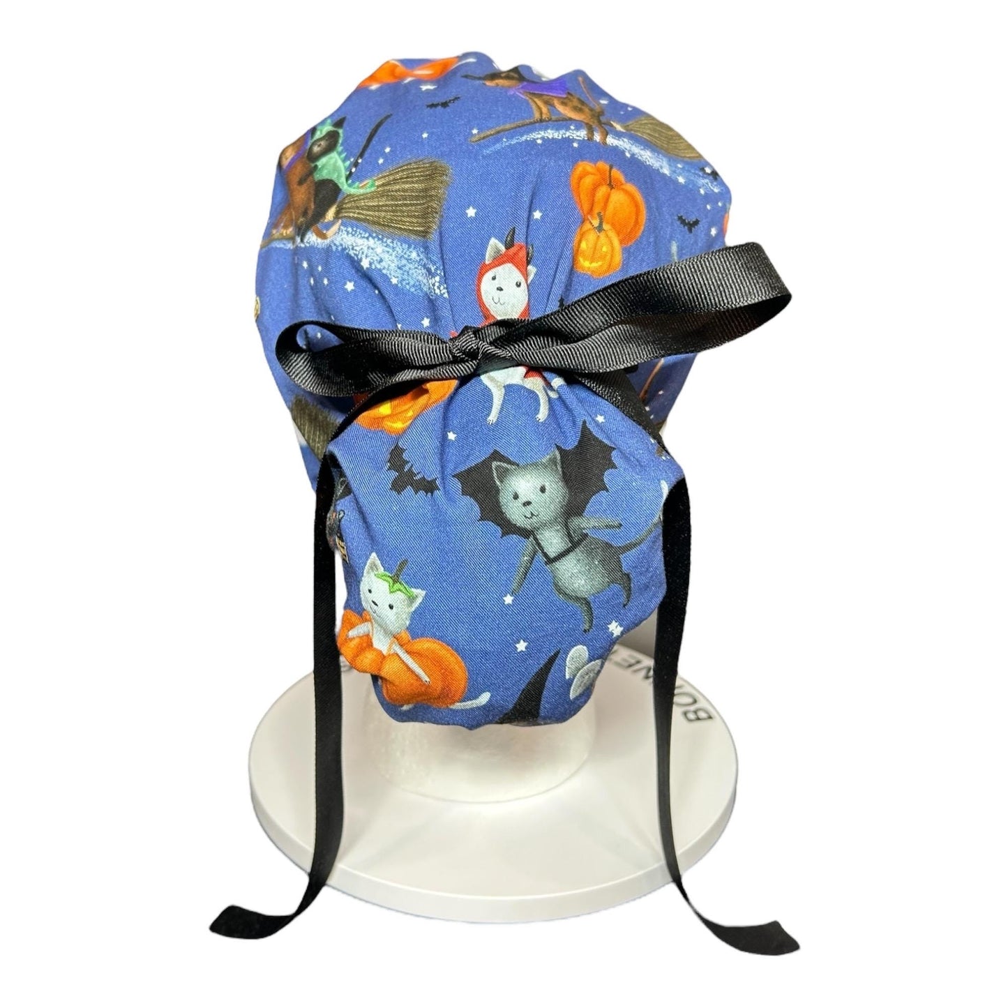 Purranormal Halloween Cat Ponytail Scrub Cap: Women's Cinch Tie Hat