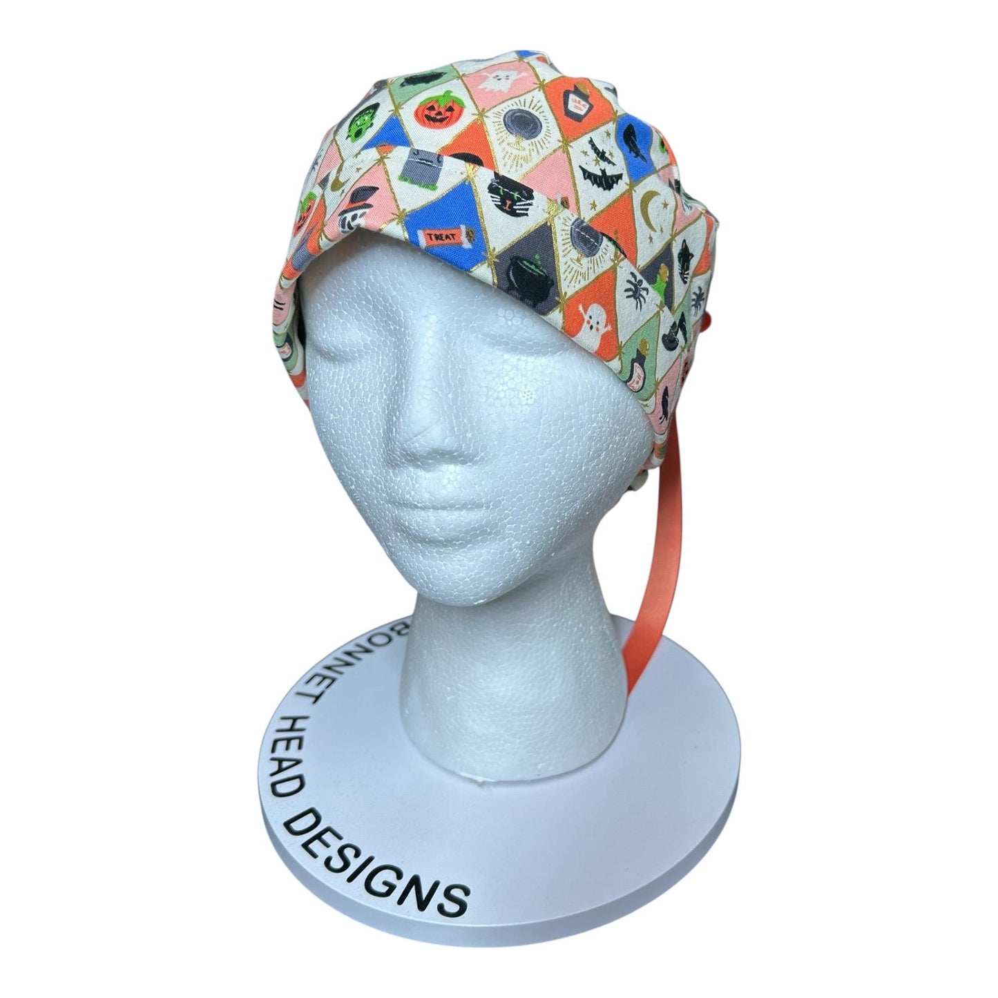 Rifle Paper Co. Halloween Argyle Print Scrub Cap: Ponytail Style with Ribbon Ties