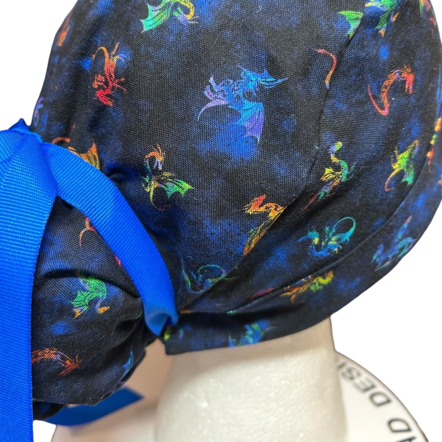 Women’s dragon print ponytail scrub cap: satin lining option and adjustable pocket
