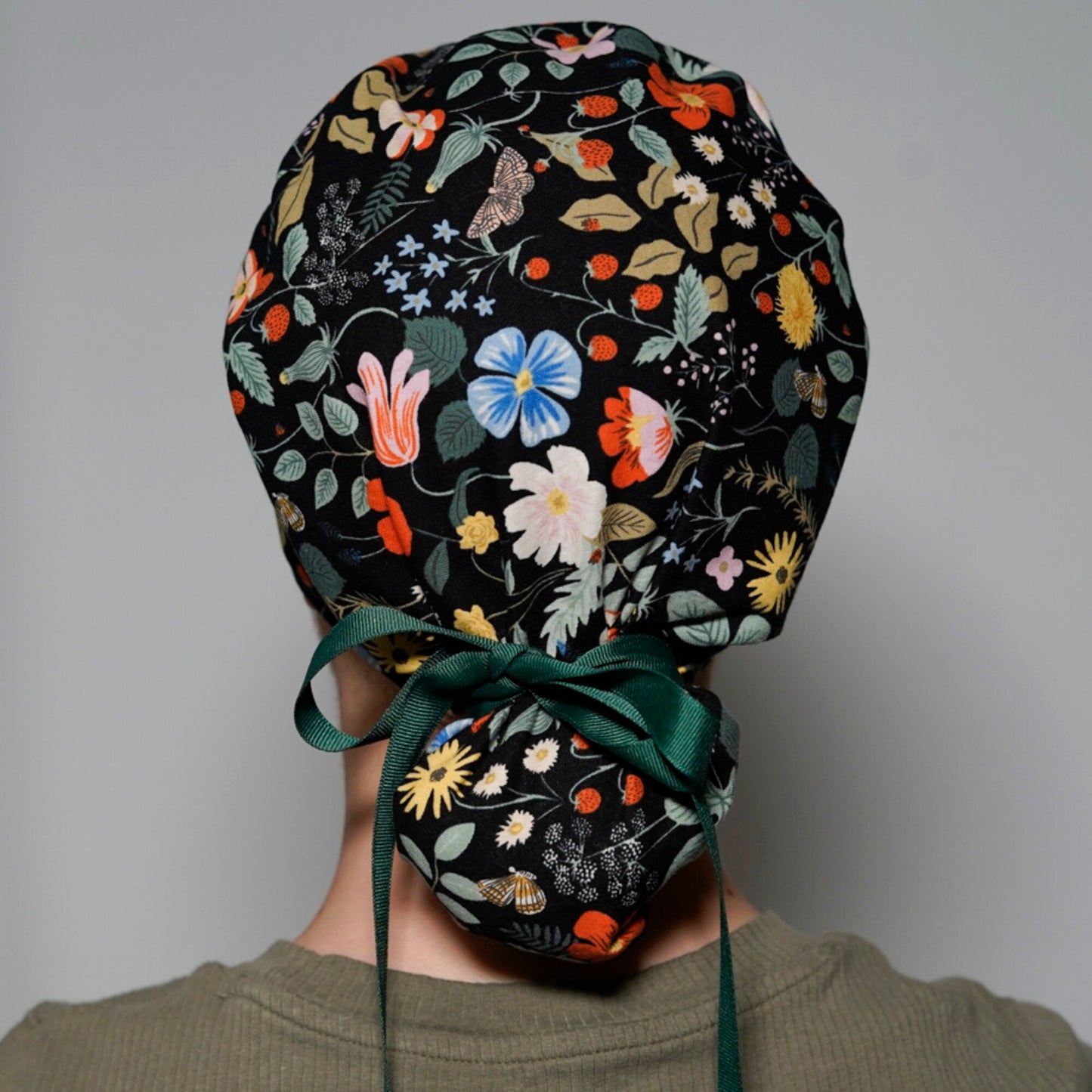 Rifle paper co fabric scrub hat, black floral scrub cap, strawberry fields ponytail scrub cap, Bonnet Head Designs