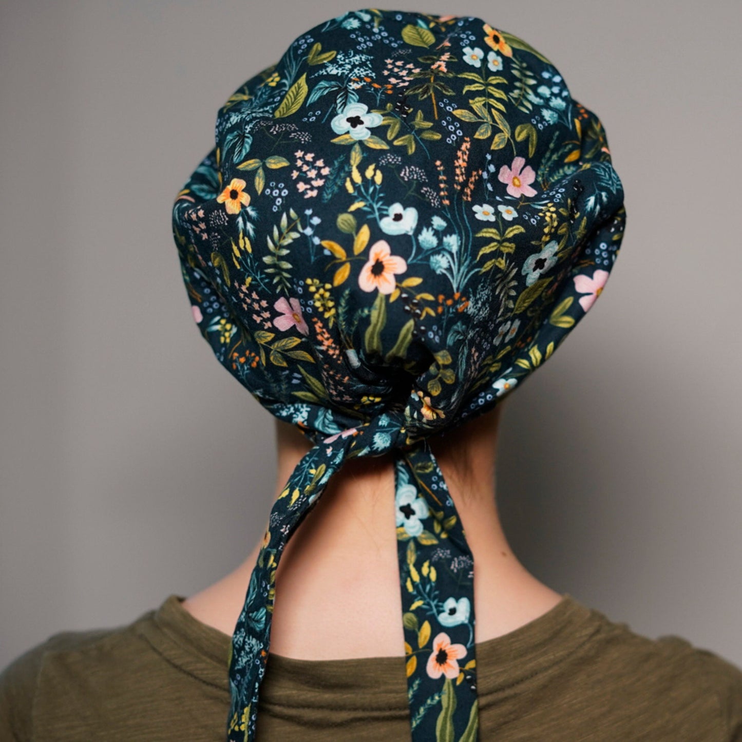 Rifle Paper Co fabric navy amalfi floral pixie scrub hat, navy herb garden scrub hat