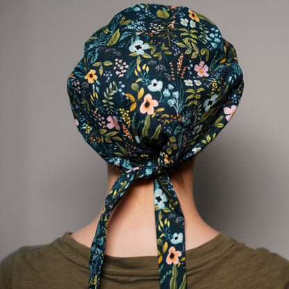 Rifle Paper Co fabric navy amalfi floral pixie scrub hat, navy herb garden scrub hat