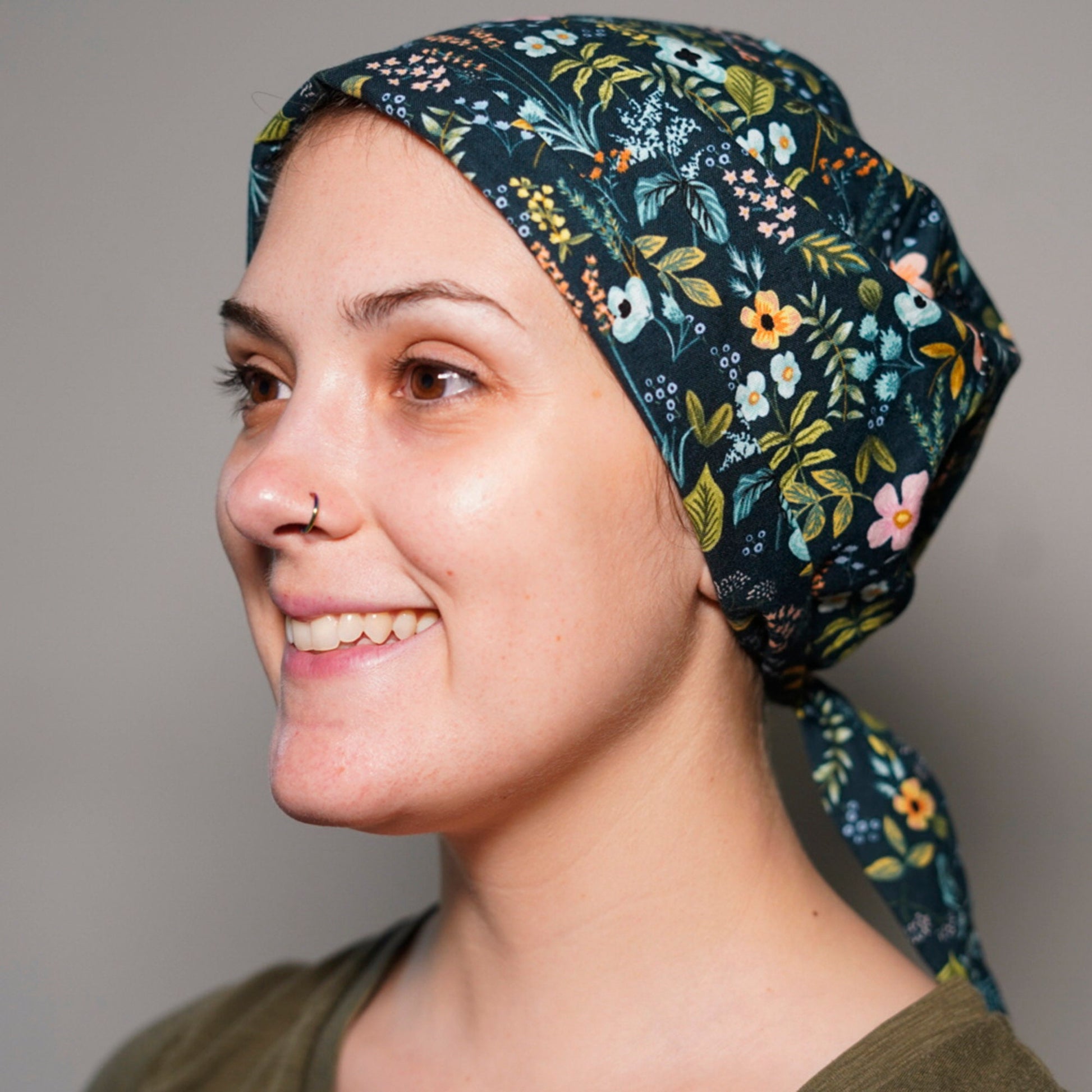 Rifle Paper Co fabric navy amalfi floral pixie scrub hat, navy herb garden scrub hat