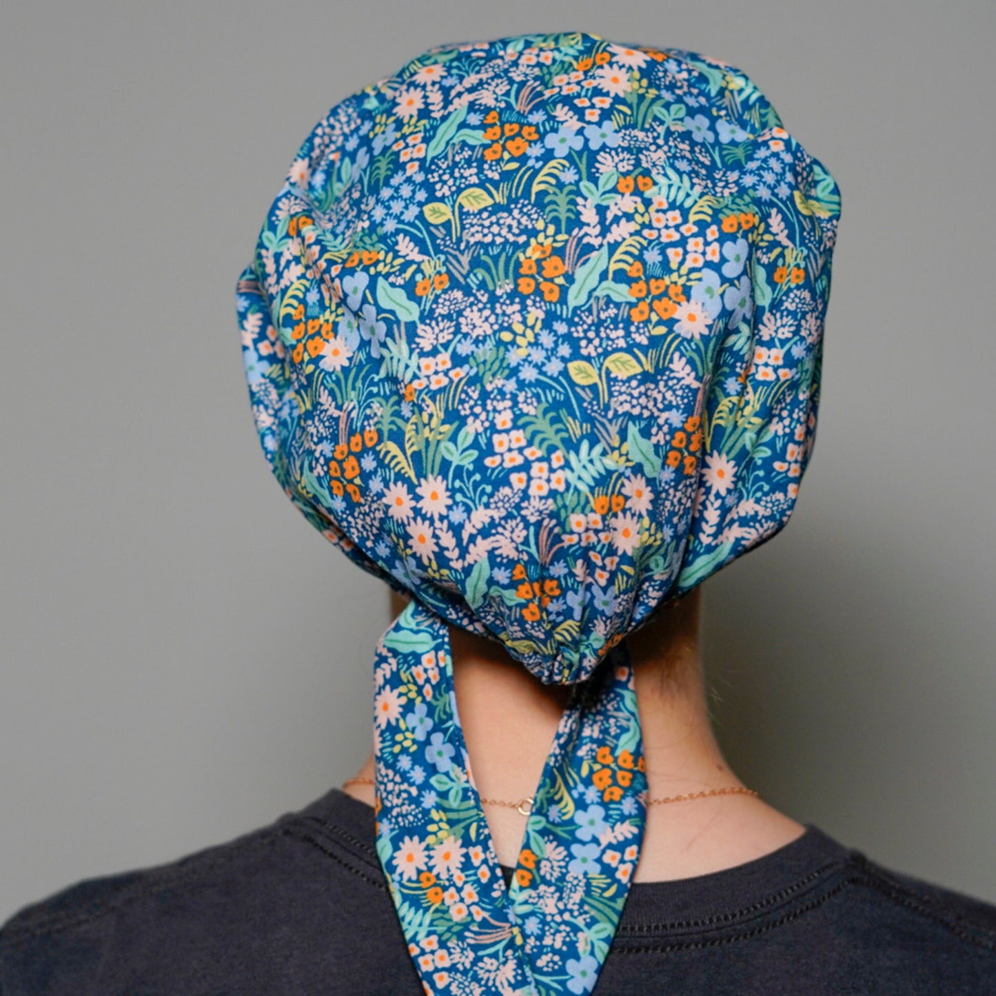 Rifle Paper Co fabric scrub cap, blue meadow floral pixie scrub cap, Bonnet Head Designs