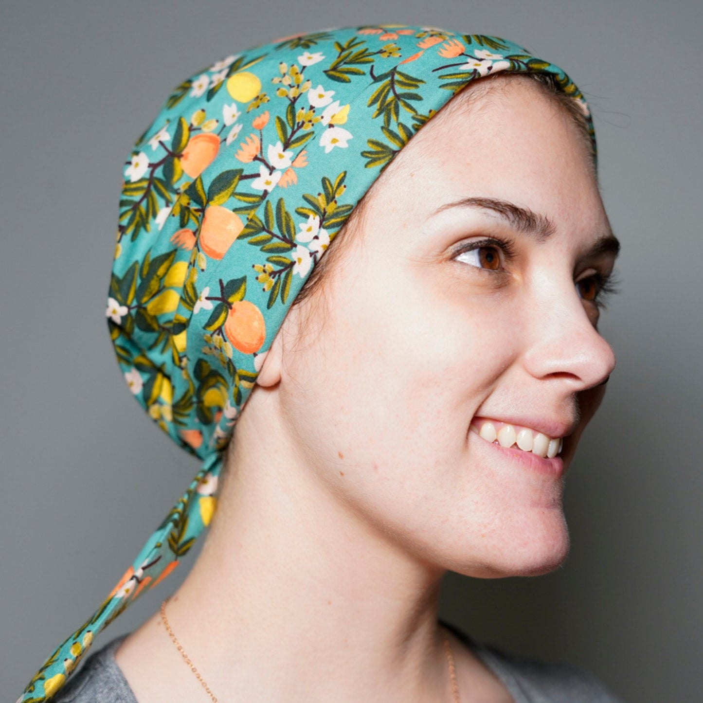 Rifle Paper Co teal floral scrub hat, primavera citrus teal scrub cap, tie back scrub hat, Bonnet Head Designs