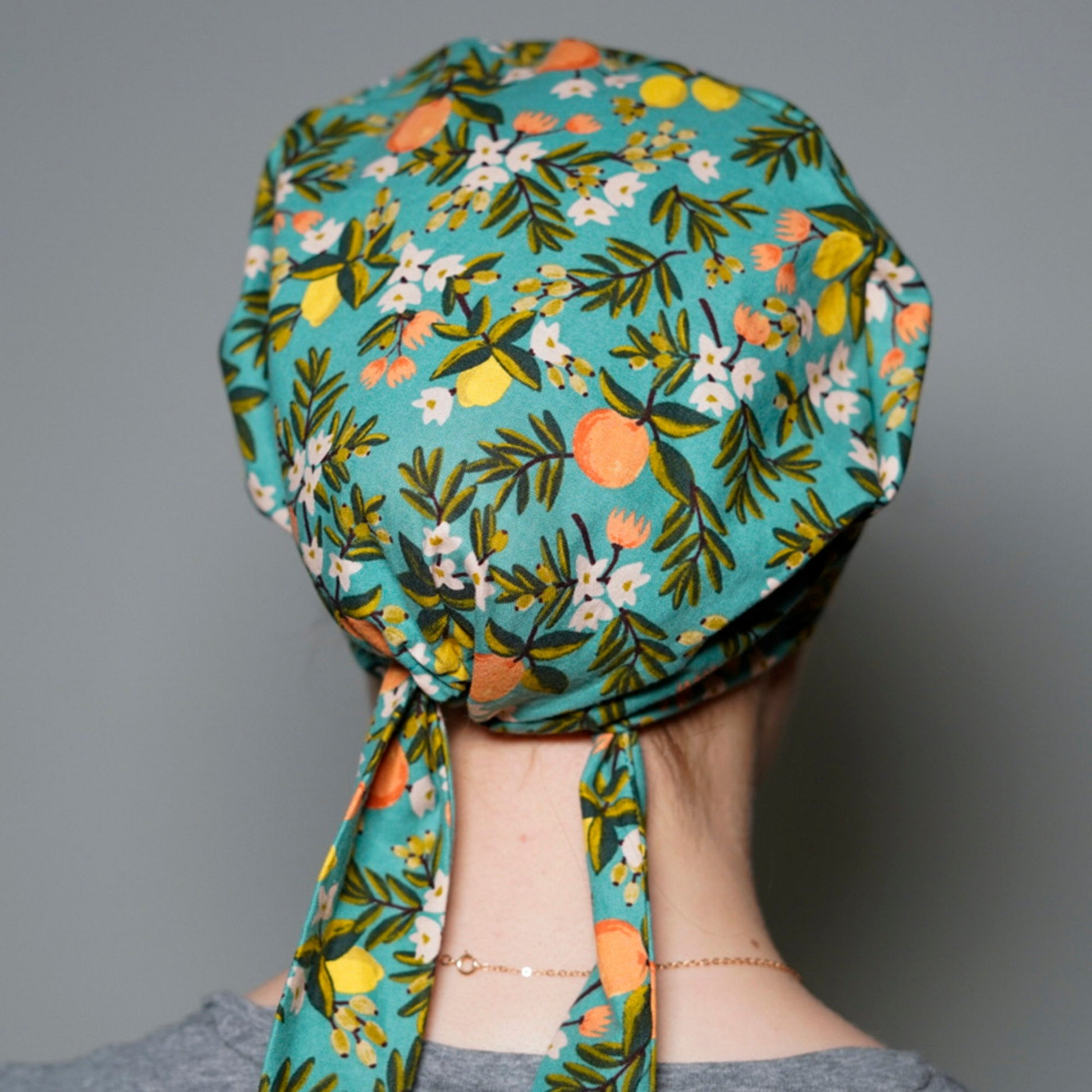 Rifle Paper Co teal floral scrub hat, primavera citrus teal scrub cap, tie back scrub hat, Bonnet Head Designs