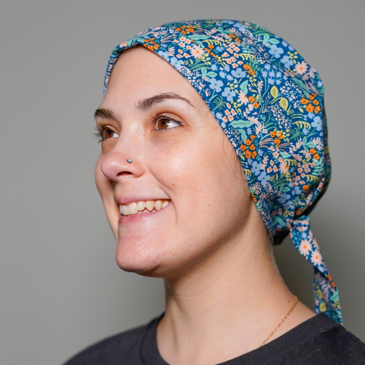 Rifle Paper Co fabric scrub cap, blue meadow floral pixie scrub cap, Bonnet Head Designs