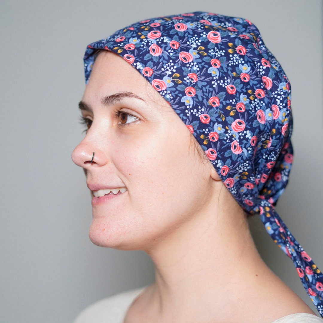 Rifle Paper Co. scrub hat, Rosa navy scrub cap, Tie back scrub hat, Bonnet Head Designs