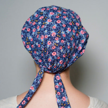 Rifle Paper Co. scrub hat, Rosa navy scrub cap, Tie back scrub hat, Bonnet Head Designs